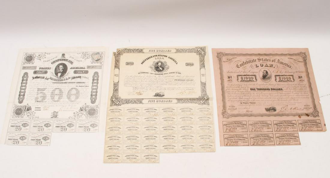 3 MISC. CONFEDERATE STATES OF AMERICAN LOAN NOTES: 3 MISC. CONFEDERATE STATES OF AMERICAN LOAN NOTES; 2 AT $500 EACH DATED FEBRUARY 20, 1863 AND OCTOBER 4, 1862; ALONG WITH $1000 LOAN NOTE DATED FEBRUARY 20, 1863