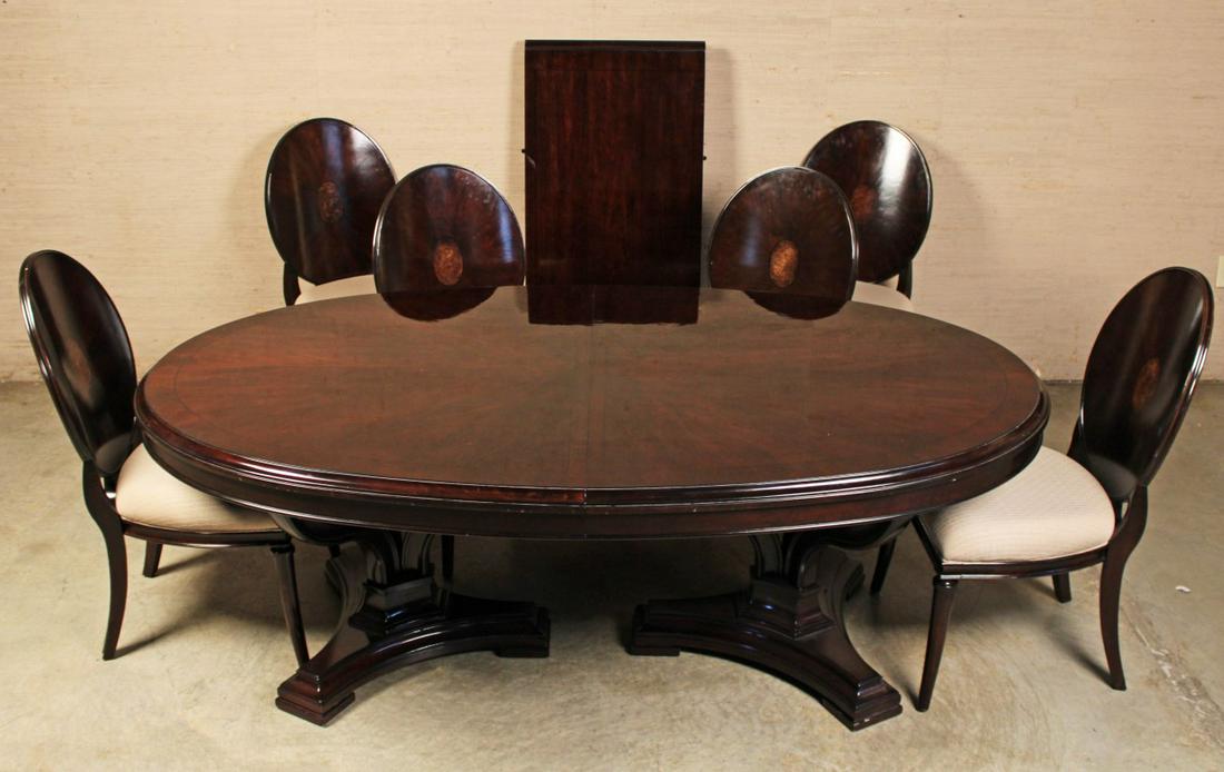 7 PC. TRANSITIONAL STYLE DINING ROOM SUITE: 7 PIECE TRANSITIONAL STYLE DINING ROOM SUITE CONSISTING OF DARK MAHOGANY PEDESTAL DINING TABLE WITH 1 LEAF; ALONG WITH 6 SHERATON INSPIRED CHAIRS BY STANLEY FURNITURE; TABLE 30"H X 84"LONG WITH 24"LEA