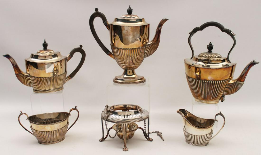 5 PC. MAPPIN & WEBB PRINCESS PLATE COFFEE/TEA SERVICE: ENGLISH 5 PIECE MAPPIN & WEBB PRINCESS PLATE LONDON AND SHEFFIELD PLATED COFFEE AND TEA SERVICE HAVING KETTLE ON STAND WITH BURNER, LARGE COVERED COFFEE POT, COVERED TEA POT, AND CREAM AND DOUBLE HAND