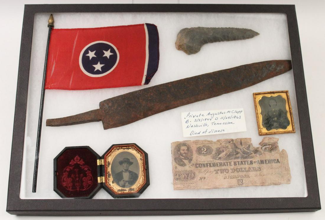 FRAMED ASSORTMENT OF CIVIL WAR/NATIVE AMERICAN ITEMS: FRAMED ASSORTMENT OF CIVIL WAR AND NATIVE AMERICAN ITEMS CONSISTING OF 2 AMBROTYPES; CONFEDERATE 3 STAR FLAG; 2 DOLLAR CONFEDERATE NOTE; NATIVE AMERICAN STONE AX HEAD