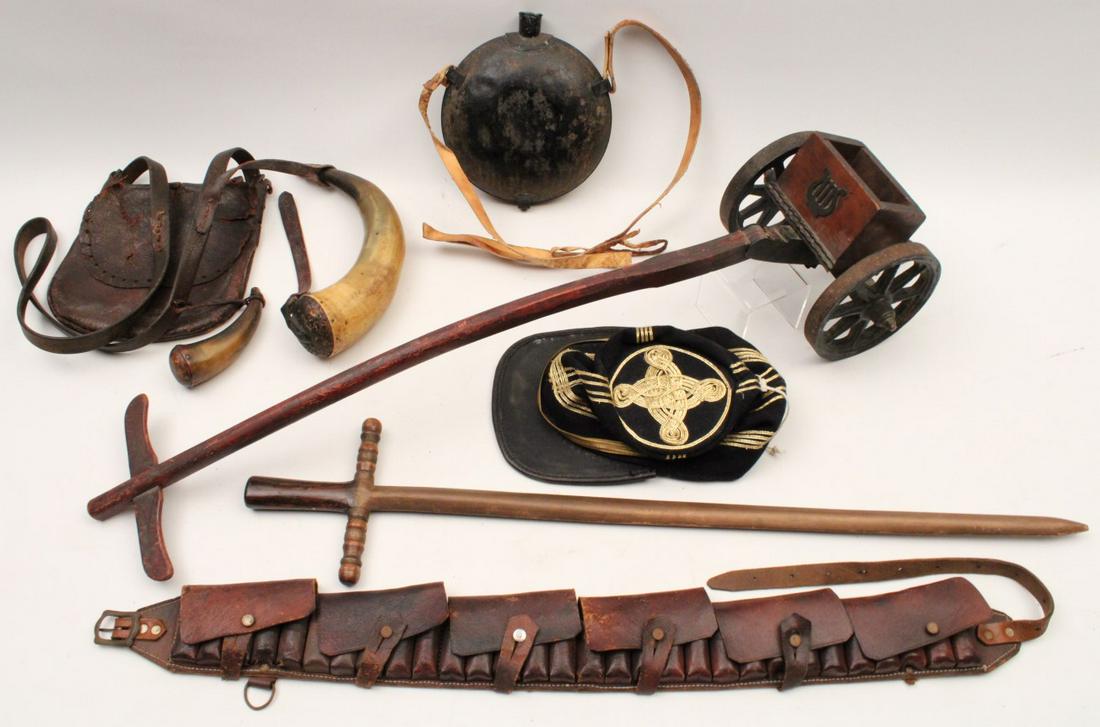 MISC. 8 PC. LOT OF CIVIL WAR ITEMS: MISC. 8 PIECE LOT CONSISTING OF CIVIL WAR HAT; METAL CANTEEN; LEATHER STRAP BAG WITH 2 POWDER HORNS; RARE CHILD'S CIVIL WAR VINTAGE PULL AMMUNITION TOY, LEATHER AMMUNITION BELT, PLAY WOODEN SWORD; 6.2