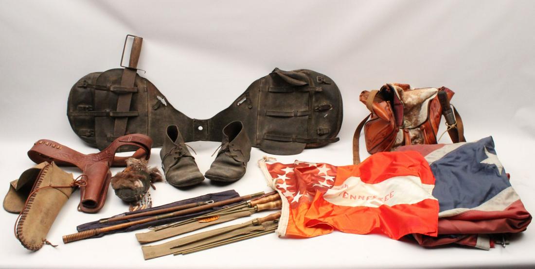 11 PC. MISC. LOT OF MILITARY ITEMS: 11 PIECE MISC. LOT CONSISTING OF 2 FLAGS (STATE OF TENNESSEE AND CONFEDENCY); LEATHER BAG WITH HUNTING KNIFE AND LEATHER SHEATH READING GROVER NASHUA, N.H.; LEATHER SADDLE WITH BOWIE KNIFE, 2 LEATHER 