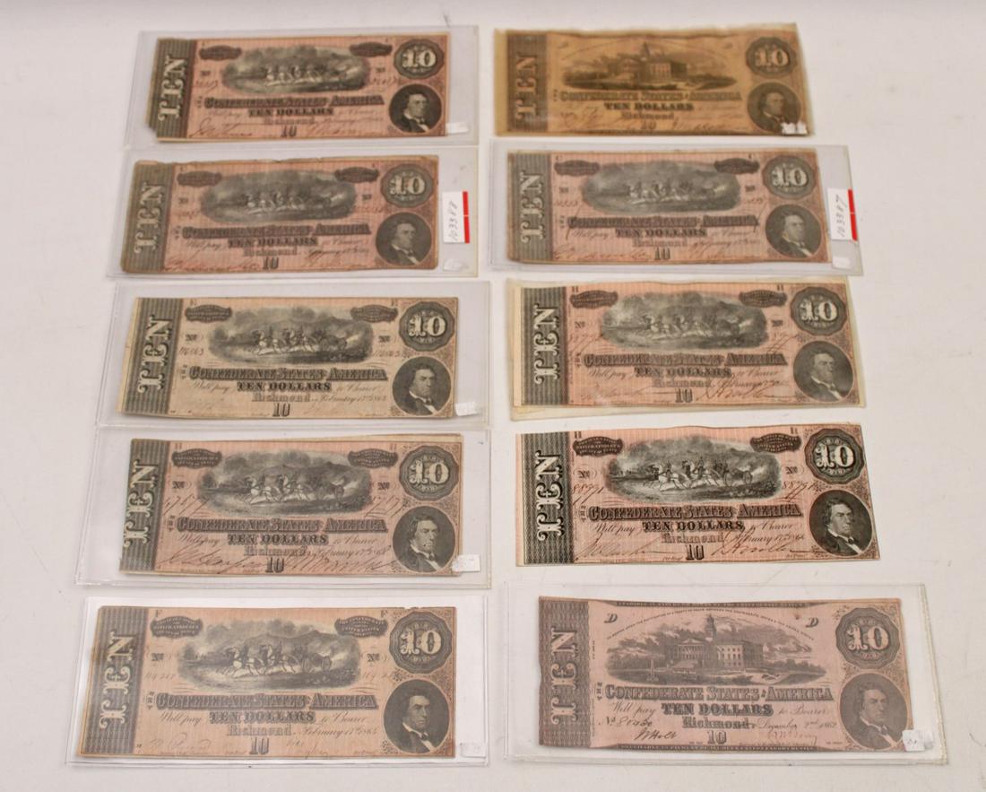 10-$10 CONFEDERATE STATES OF AMERICA BANK NOTES: TEN 10 DOLLAR CONFEDERATE STATES OF AMERICA BANK NOTES ISSUED IN RICHMOND, VA, PRIMARILY IN 1864