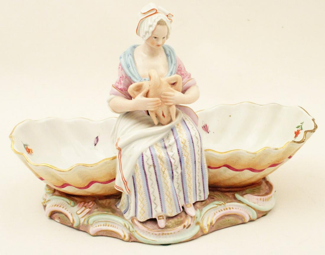 MEISSEN PORCELAIN MODEL OF MAIDEN SEATEN ON SHELL: MEISSEN PORCELAIN MODEL OF MAIDEN SEATEN ON SHELL FORMED BOWL, MARKED AND STAMPED ON REVERSE; 6.5"H X 9.5"W