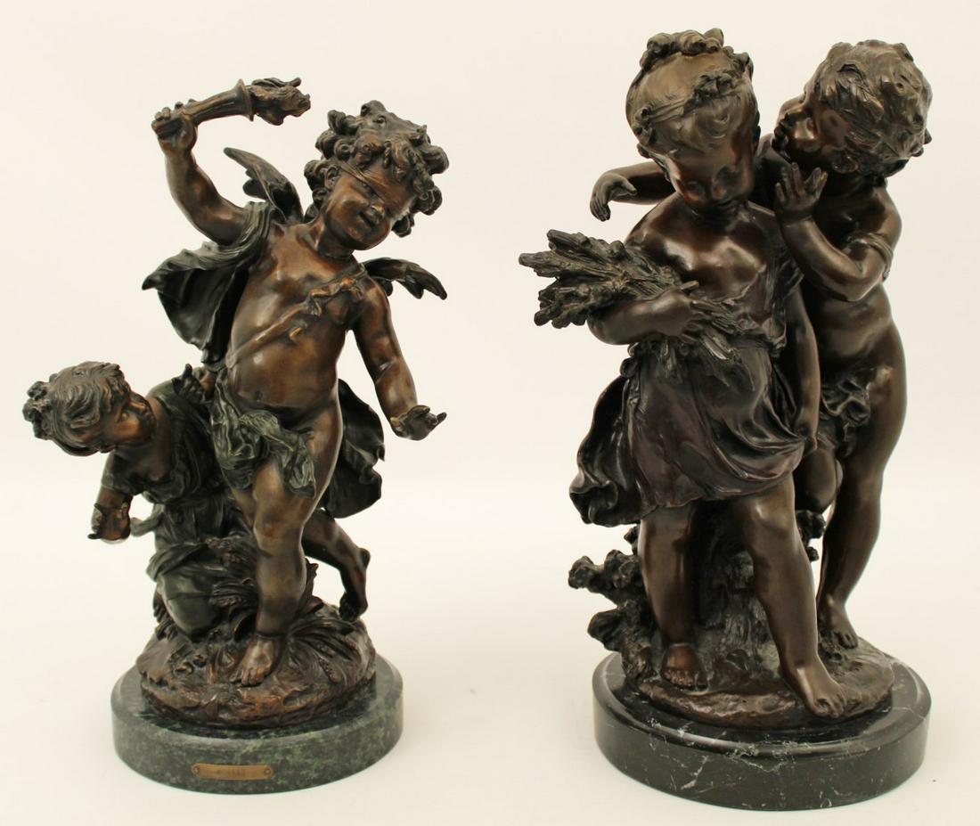 AFTER AUGUSTE MOREAU (FRENCH, 1834-1917) PR OF BRONZE: AFTER AUGUSTE MOREAU (FRENCH, 1834-1917) PAIR OF BRONZE SCULPTURES OF CHILDREN, SIGNED AT BASE; TALLEST 18"H