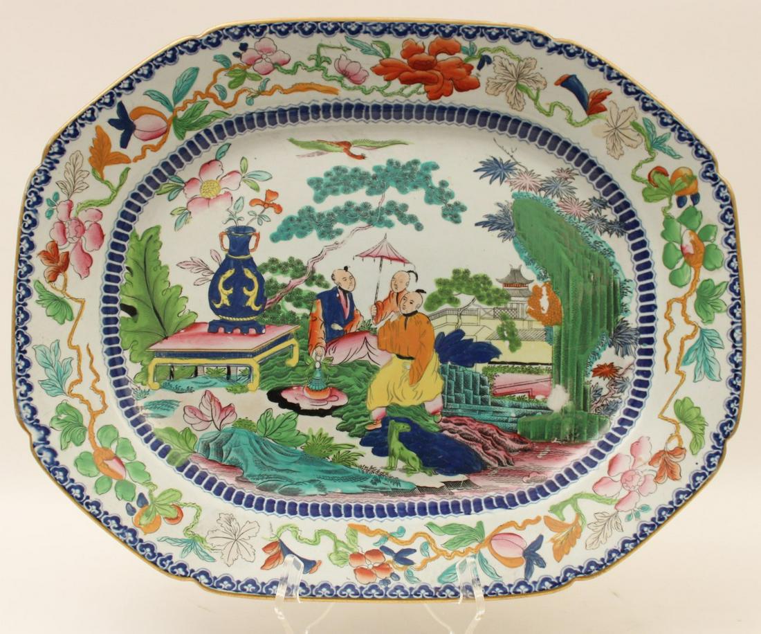 LATE 19TH C. ENGLISH OCTAGON FORMED IRONSTONE MEAT: ENGLISH OCTAGON FORMED IRONSTONE MEAT PLATTER WITH ASIAN THEMED DECORATION MARKED ON REVERSE WITH BLACK CORONET AND TABLET READING PATENT IRONSTONE CHINA, LATE 19TH C.; 15"H X 18.75"W