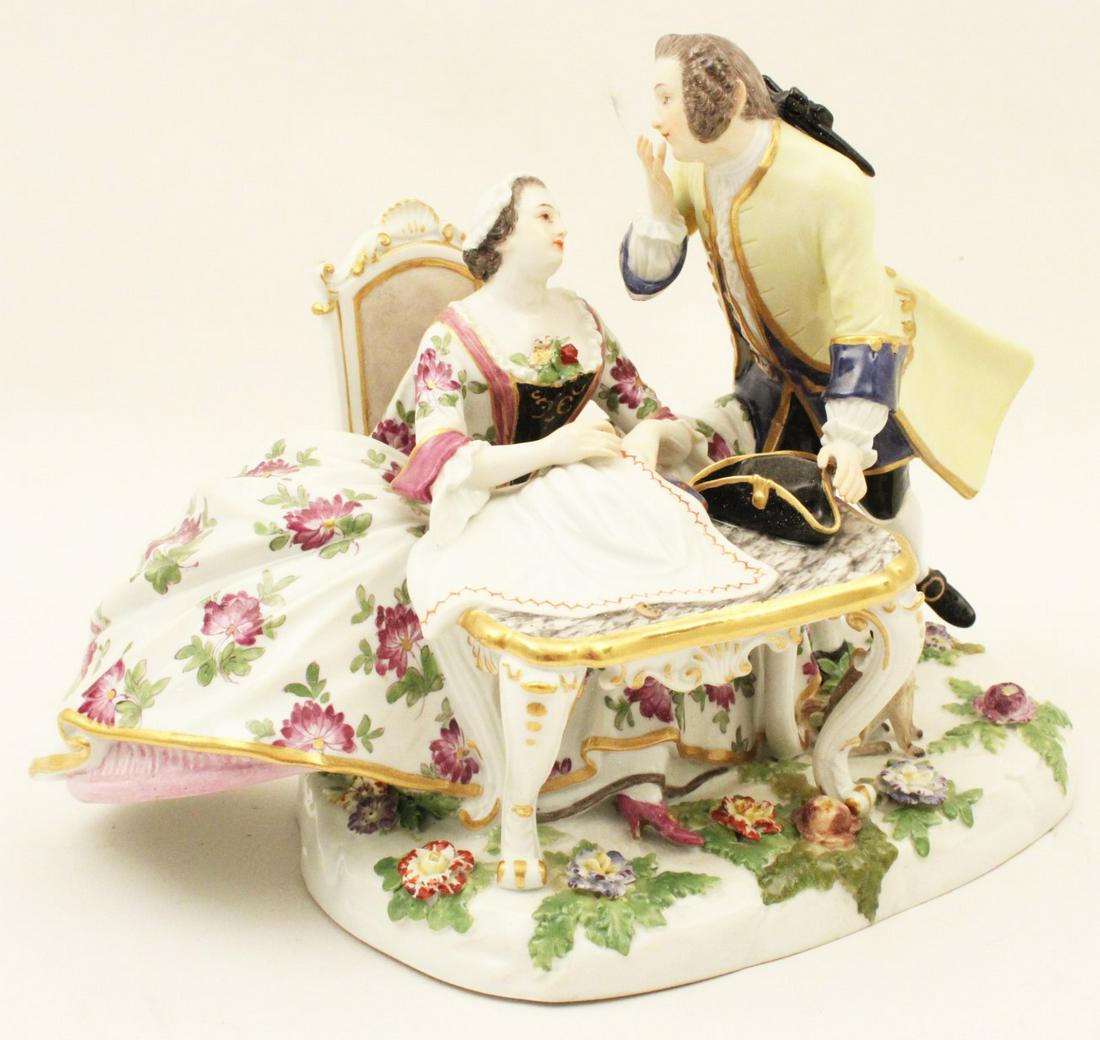 MEISSEN PORCELAIN COURTING SCENE MODEL OF SEATED MAIDEN: MEISSEN PORCELAIN COURTING SCENE MODEL OF SEATED MAIDEN IN FLOWING FLORAL DRESS BEING PURSUED BY HANDSOME SUITOR, STAMPED AND MARKED WITH BLUE CROSS SWORDS UNDER GLAZE ON REVERSE; 7.5"H