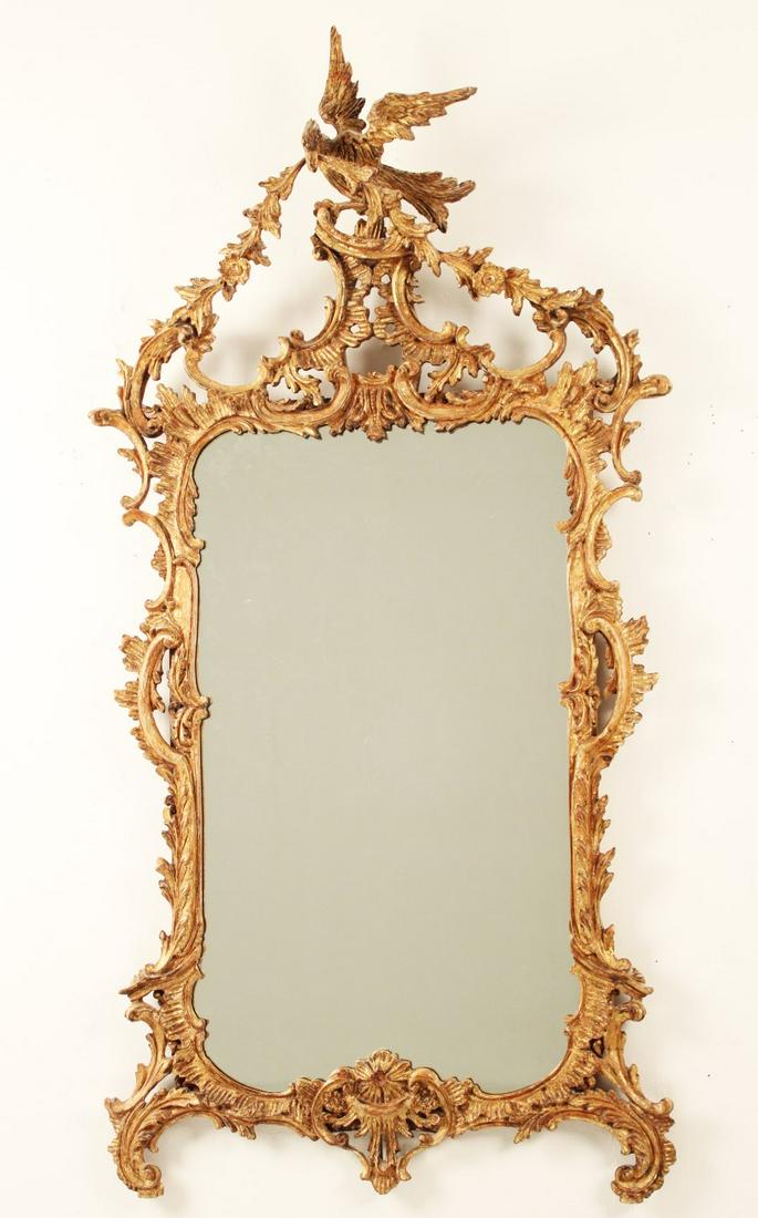 CHINESE CHIPPENDALE STYLE CARVED GILTWOOD MIRROR BY: CHINESE CHIPPENDALE STYLE CARVED GILTWOOD MIRROR BY LABARGE HAVING HOHO BIRD PEDIMENT; 63"H 31"W