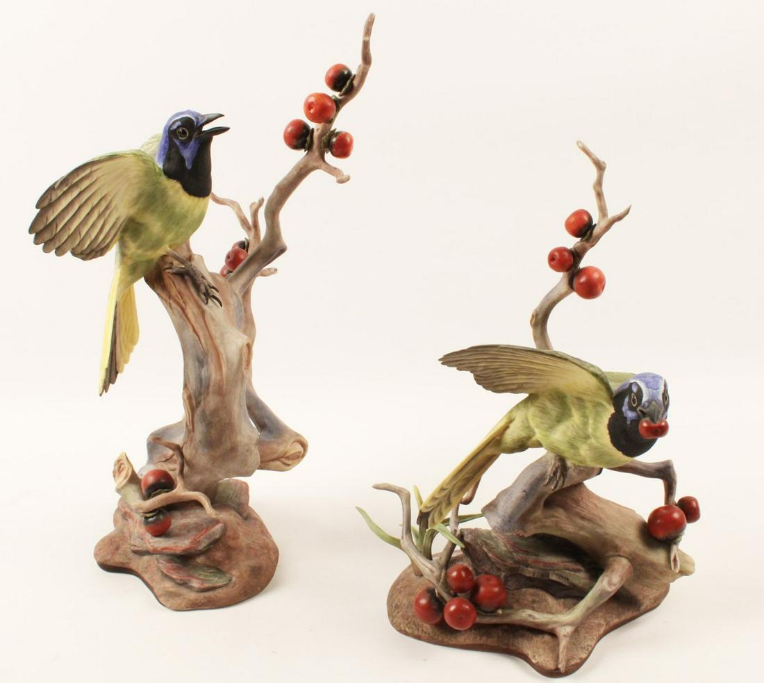 PR OF GREEN JAYS PORCELAIN BIRD MODELS BY BOEHM: PAIR OF GREEN JAYS PORCELAIN BIRD MODELS BY BOEHM; 18.5"H