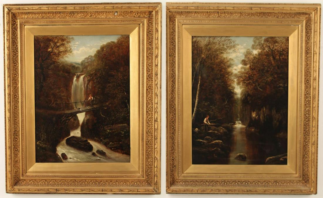 PR OF 19TH C. ENGLISH LANDSCAPES OF FIGURES ALONGSIDE: PAIR OF 19TH CENTURY ENGLISH LANDSCAPES OF FIGURES ALONGSIDE FORESTED CREEKS IN THE FAIRY GLEN, ISLE OF SKYE, AND CUMBERLAND, TITLED ON REVERSE, CANVAS PREPARED BY BERNARD AND SONS, LONDON; SIGHT 11.5