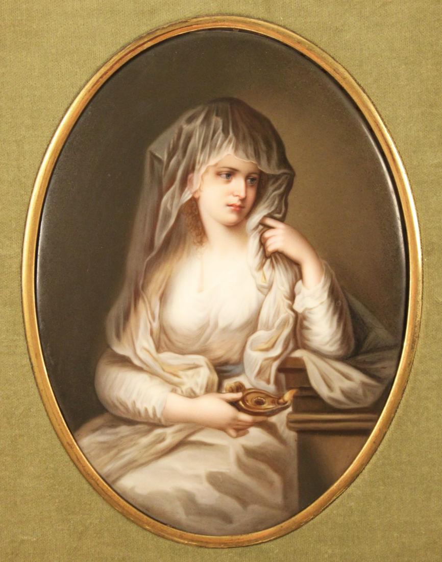 GOLD GILTWOOD FRAMED OVAL KPM PLAQUE OF YOUNG BEAUTY: GOLD GILTWOOD FRAMED OVAL KPM PLAQUE OF YOUNG BEAUTY, VEILED AND HOLDING OIL LAMPS WITH IMPRESSED MARKS ON REVERSE; 8"H X 6"W OVAL IMAGE, 18"H X 16"W OVERALL