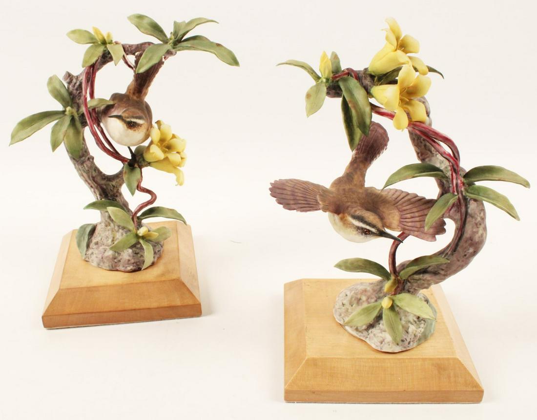 PR OF BEWICKS WREN PORCELAIN BIRD MODELS BY DOROTHY: PAIR OF BEWICKS WREN PORCELAIN BIRD MODELS BY DOROTHY DOUGHTY FOR ROYAL WORCESTER; 10"H