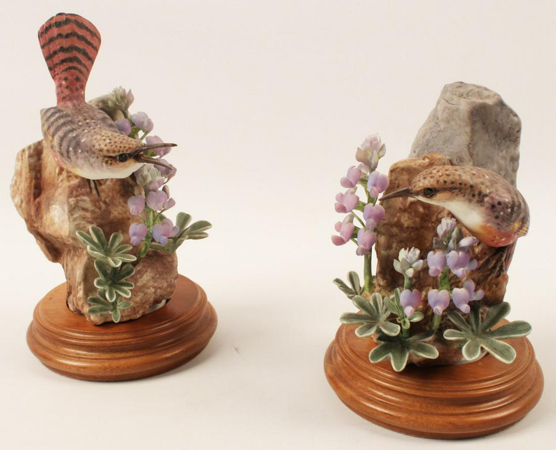 PR OF CANYON WREN PORCELAIN BIRD MODELS BY DOROTHY: PAIR OF CANYON WREN PORCELAIN BIRD MODELS BY DOROTHY DOUGHTY FOR ROYAL WORCESTER; 9"H