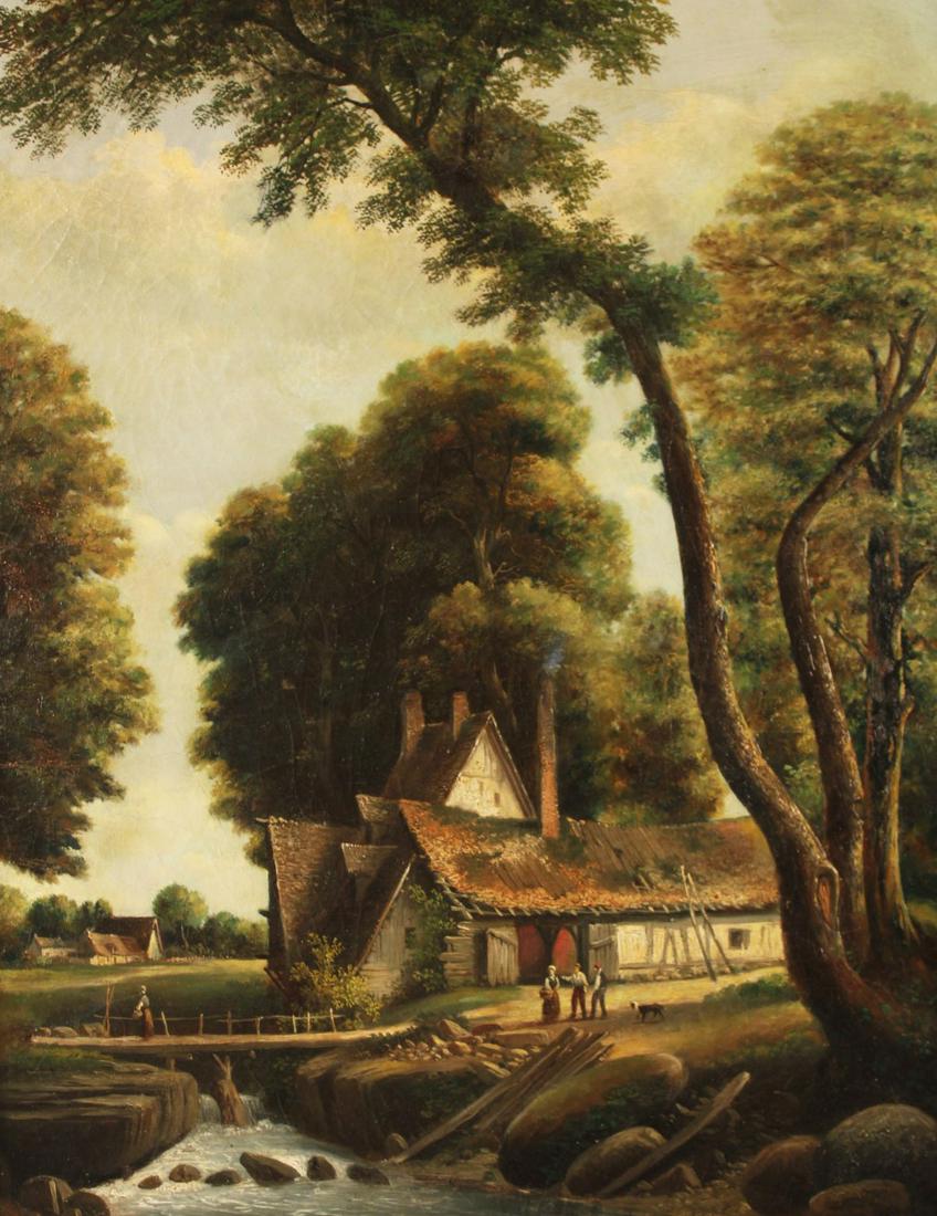 BENJAMIN WILLIAMS LEADER (BRITISH, 1831-1923) 19TH C.: BENJAMIN WILLIAMS LEADER (BRITISH, 1831-1923) 19TH CENTURY OIL ON CANVAS OF CREEKSIDE COTTAGE; SIGHT 26.5"H 20.5"W OVERALL 34"H 28"W; CONDITION: OLD REPAIR AT UPPER CENTER, MODERATE TO HEAVY CRAQUELUR