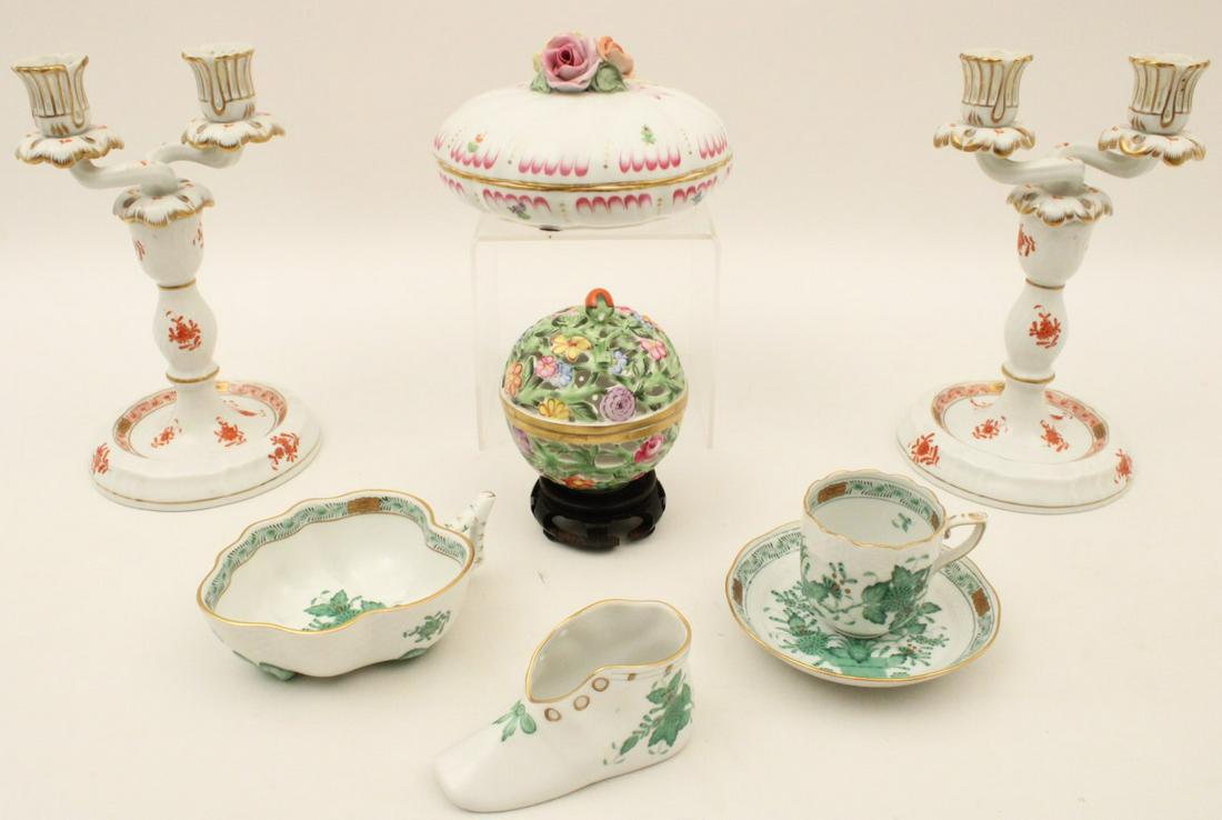 SEVEN PIECE LOT OF HEREND PORCELAIN: SEVEN PIECE LOT OF HEREND PORCELAIN INCLUDING PAIR OF TWO LIGHT CANDELABRA, TWO COVERED BOWLS, AND THREE PIECE IVY PATTERN SET; 9"H X 5.25"DIA.