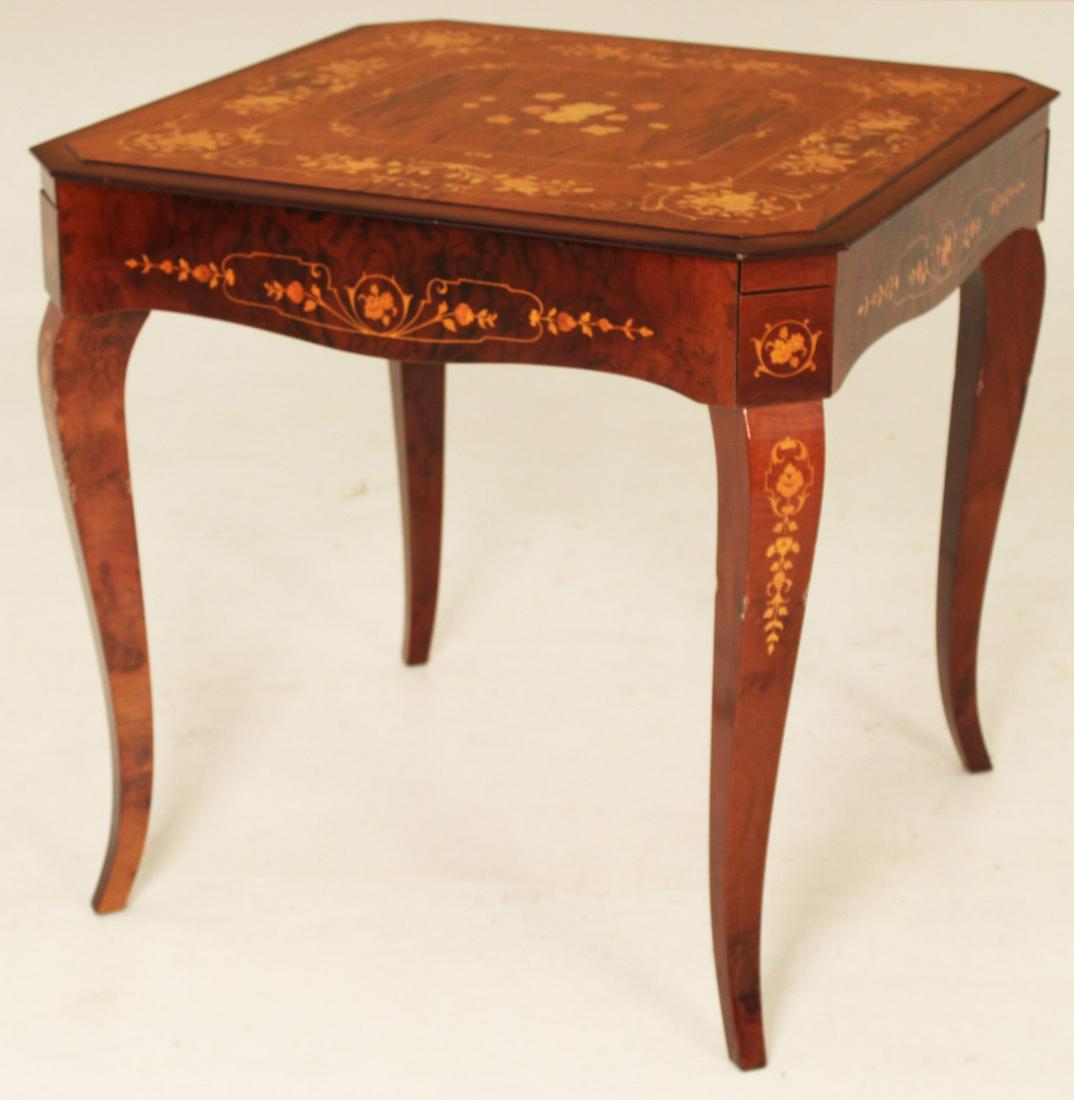 ITALIAN MARQUETRY INLAID GAMES TABLE; ALONG WITH 3: ITALIAN MARQUETRY INLAID GAMES TABLE WITH LIFT TOP REVEALING BOARD GAMES AND ROULETTE WHEEL; ALONG WITH 3 COMPLIMENTARY CHAIRS; 30"H X 32"W X 32"D