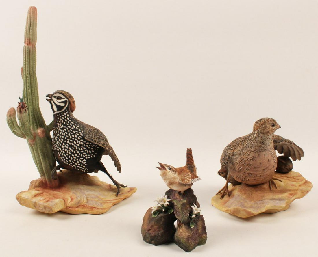 PR OF MEARNS QUAIL ALONG W/ CHICKADEE PORCELAIN BIRD: PAIR OF MEARNS QUAIL ALONG WITH A CHICKADEE PORCELAIN BIRD MODELS BY BOEHM; 15"H TALLEST