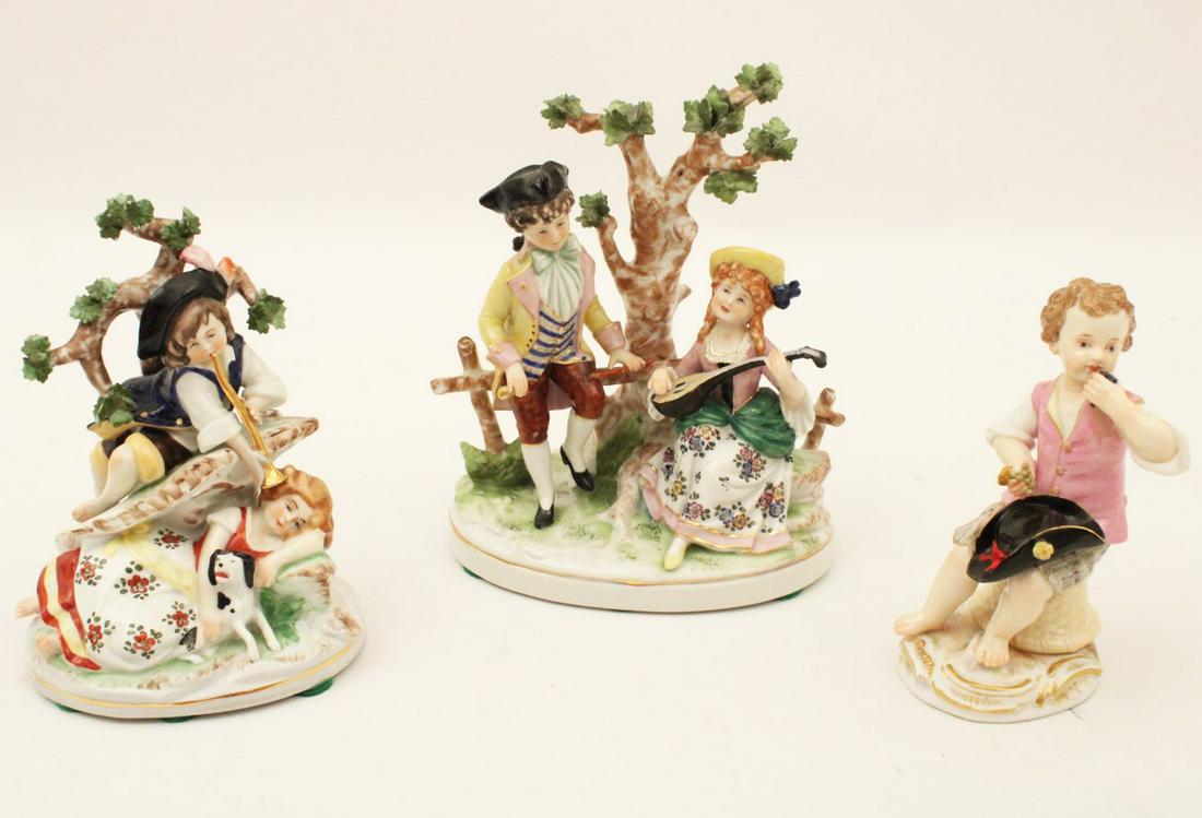 3 PIECE MISCELLANEOUS LOT OF GERMAN PORCELAINS INCL.: 3 PIECE MISCELLANEOUS LOT OF GERMAN PORCELAINS INCLUDING A SMALL SEATED MEISSEN FIGURE OF BOY EATING GRAPES; AND A PAIR OF SITZENDORF FIGURES OF MUSICIANS WITH ONE OF YOUNG BOY SERENADE GIRL WITH HER 