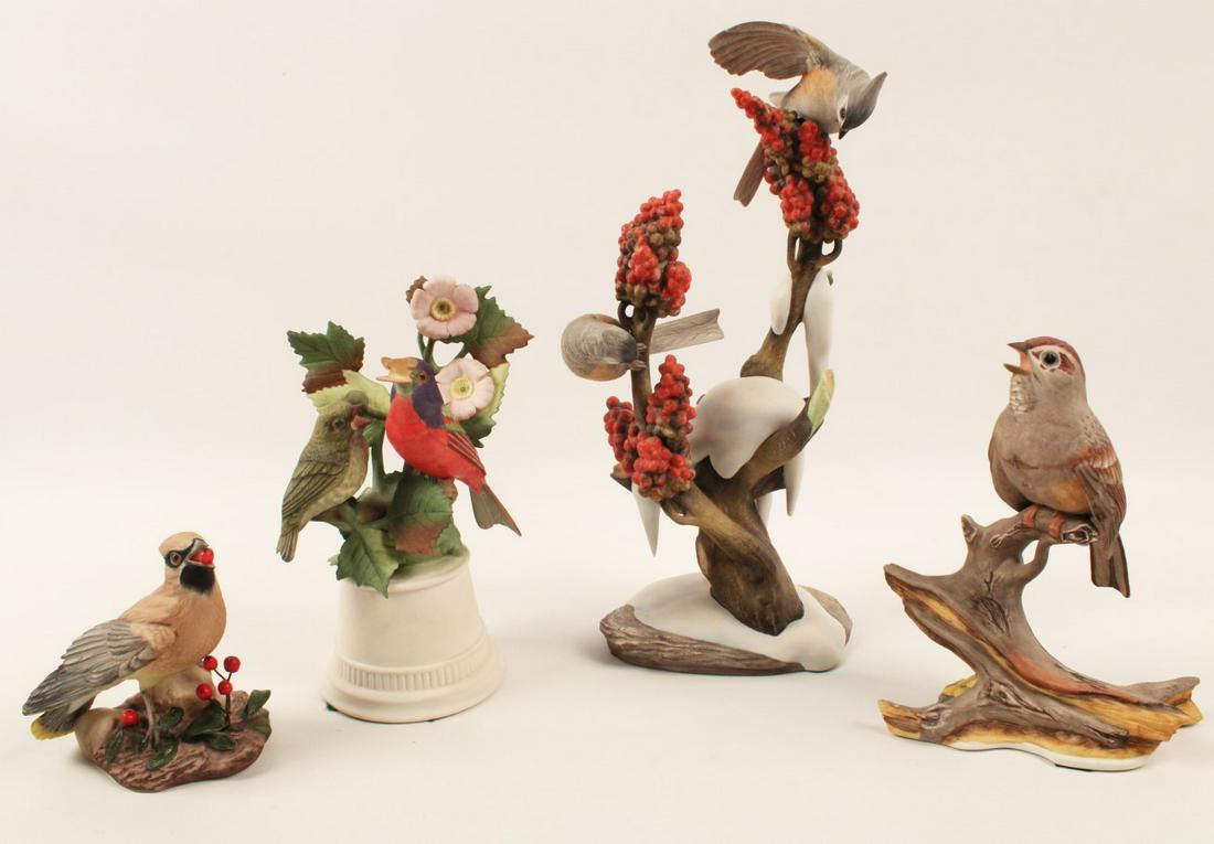 GROUP OF FOUR PORCELAIN BIRD MODELS BY BOEHM: GROUP OF FOUR PORCELAIN BIRD MODELS BY BOEHM INCLUDING TUFTED TITMICE, TREE SPARROW, CEDAR WAXWING, AND NONPAREIL BUNTINGS; 13.5"H TUFTED TITMICE