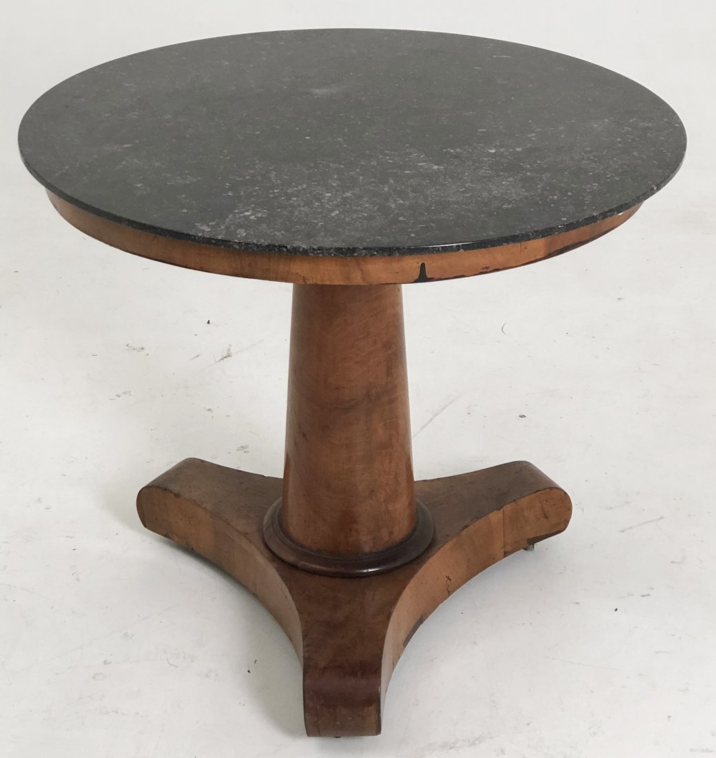 19TH C.EMPIRE STYLE WALNUT M/TOP GUERIDON: CONTINENTAL EMPIRE STYLE WALNUT GUERIDON WITH BLACK GRANITE MARBLE TOP, 19TH C.; 29"H X 32"W