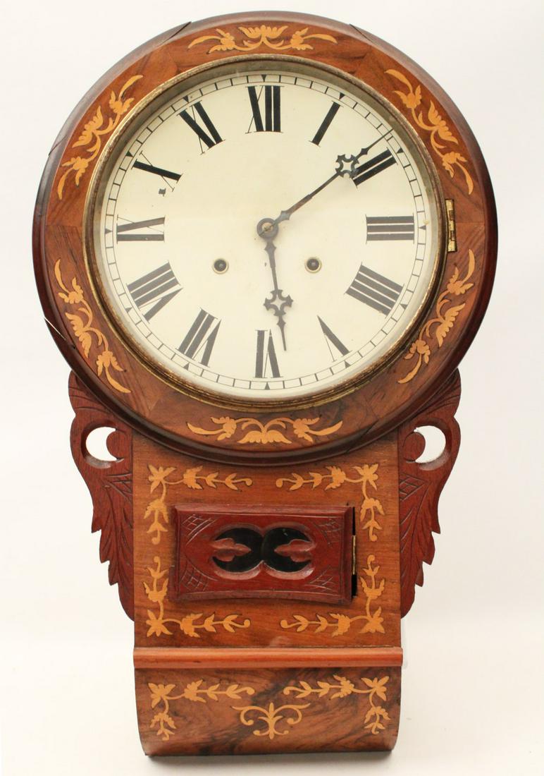 DUTCH MARQUETRY SCHOOL HOUSE CLOCK: DUTCH MARQUETRY WALNUT AND MAHOGANY SCHOOL HOUSE CLOCK WITH PAINTED ROMAN NUMERAL DIAL; 27"H X 16"W