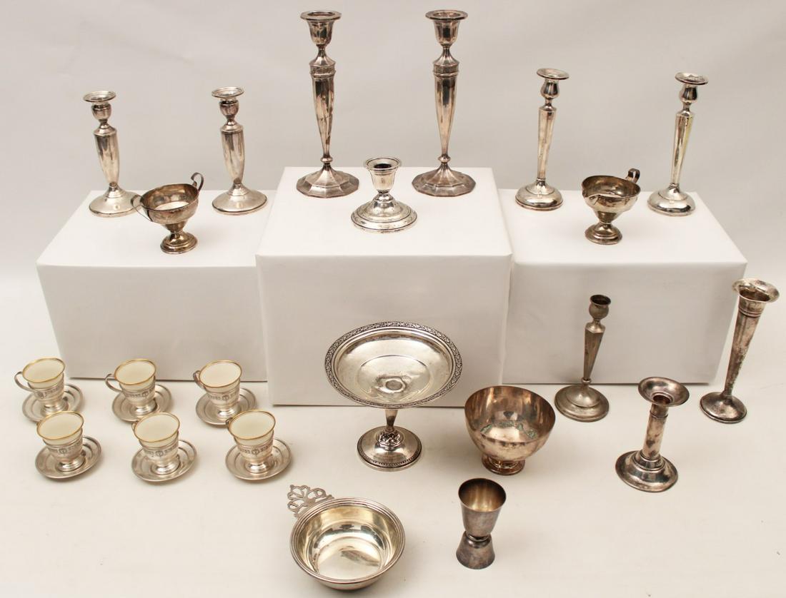 21 PC. MISC. LOT OF STERLING SILVER RELATED ITEMS: 21 PIECE MISC. LOT OF STERLING SILVER RELATED ITEMS INCLUDING 6 CUPS AND SAUCERS WITH LENOX LINERS, PAIR OF TOWLE CANDLESTICKS WEIGHTED, STERLING SILVER PORRINGER, AND OTHERS; PURE SILVER ITEMS THAT C