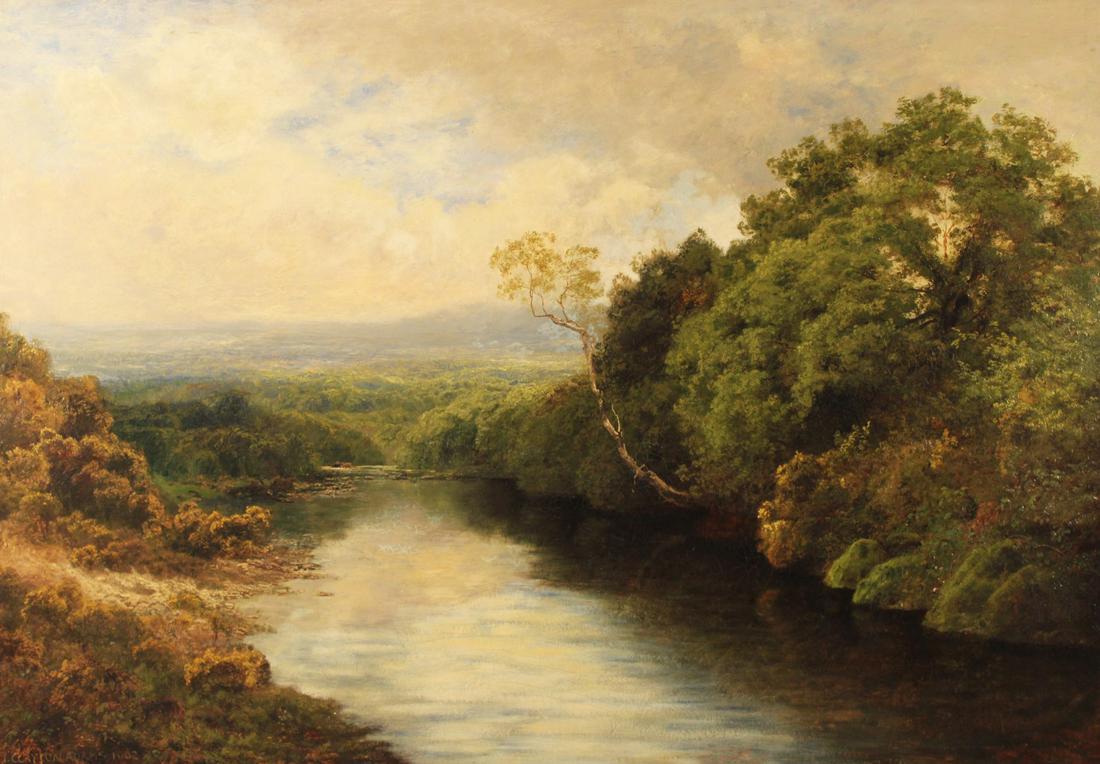 JOHN CLAYTON ADAMS, 19TH C. O/C RIVER LANDSCAPE: QUIET WATERS BY JOHN CLAYTON ADAMS (BRITISH, 1840-1906) LARGE 19TH CENTURY OIL ON CANVAS OF RIVER LANDSCAPE WITH CATTLE, SIGNED LOWER LEFT J. CLAYTON ADAMS, 1902; SIGHT 32.5"H 47.5"W OVERALL 40"H 55"W