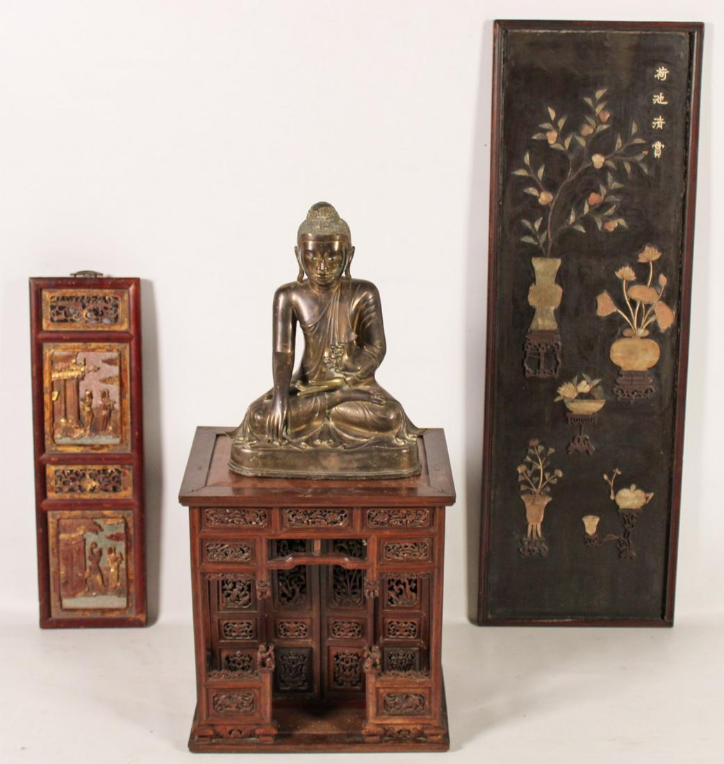 4 PC. MISC. LOT OF ORIENTALIA: 4 PIECE MISCELLANEOUS LOT OF ORIENTALIA CONSISTING OF 2 ANTIQUE ORIENTAL PANELS, ONE WITH APPLIED SEMI-PRECIOUS STONES, TEAWOOD CARVED CABINET (W/LOSSES), 18" BRONZE SEATED BUDDHA; 50"H TALLEST