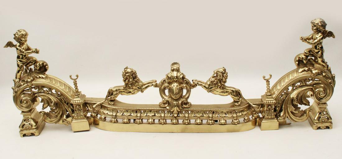 ANTIQUE FRENCH POLISHED BRONZE 3 PART CHENET: IMPRESSIVE ANTIQUE FRENCH POLISHED BRONZE 3 PART CHENET HAVING CUPIDS AND LIONS WITH CARTOUCHE SURMOUNTS, 19TH C.; 15.5"H X 55"W MAXIMUM