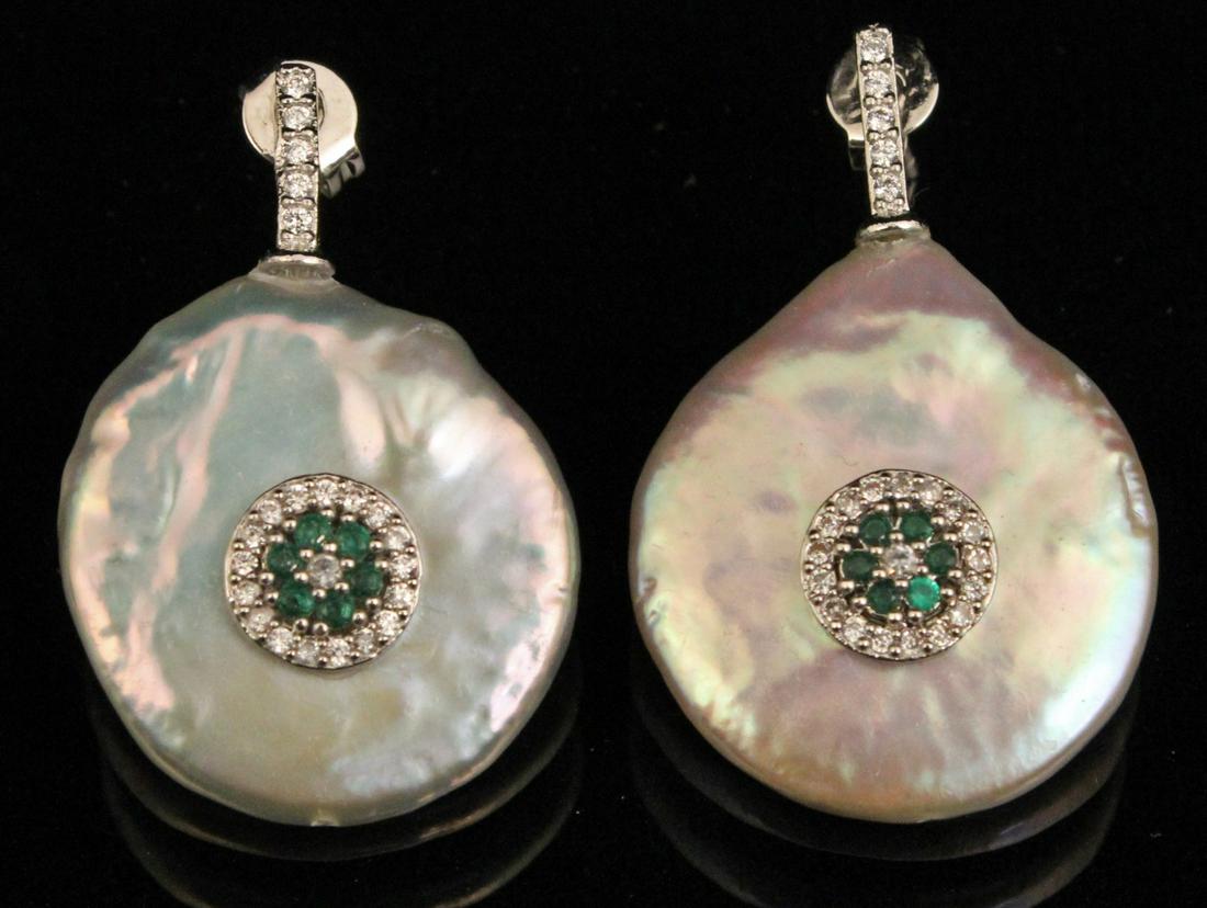 PR. OF BAROQUE PEARL, DIA. & EMER. EARRINGS: UNUSUAL PAIR OF BAROQUE PEARL WITH DIAMOND AND EMERALD EARRINGS; PEARLS APPROX. 20MM DIA.