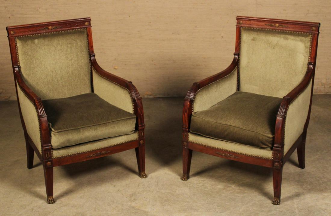 PR. OF FRENCH EMPIRE STYLE MAHOGANY BERGERES: PAIR OF FRENCH EMPIRE STYLE MAHOGANY BERGERES HAVING ORMOLU BRONZE MOUNTS RESTING ON CLAW FEET; 36"H X 25"W X 22.5"D