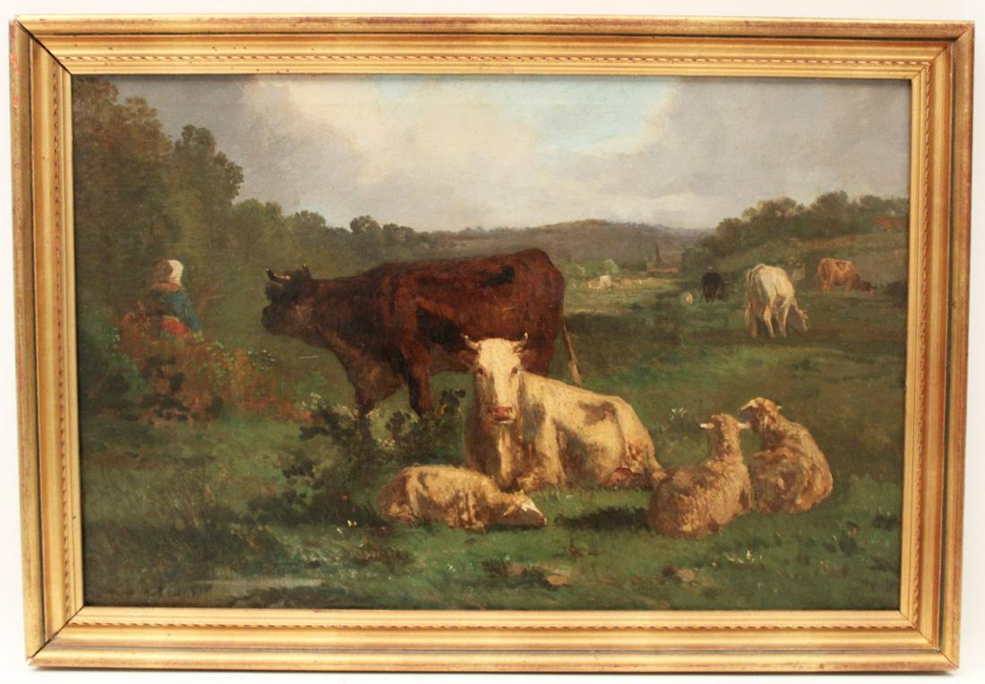 ANDRES CORTES, 19TH C. O/C FRENCH PASTORIAL SCENE: 19TH C. OIL ON CANVAS FRENCH PASTORIAL SCENE WITH COWS AND SHEEP BEING WATCHED BY SEATED FEMALE PEASANT SIGNED LOWER LEFT ANDRE CORTES; 17.5"H X 27.5"W IMAGE, 21.5"H X 31.5"W OVERALL