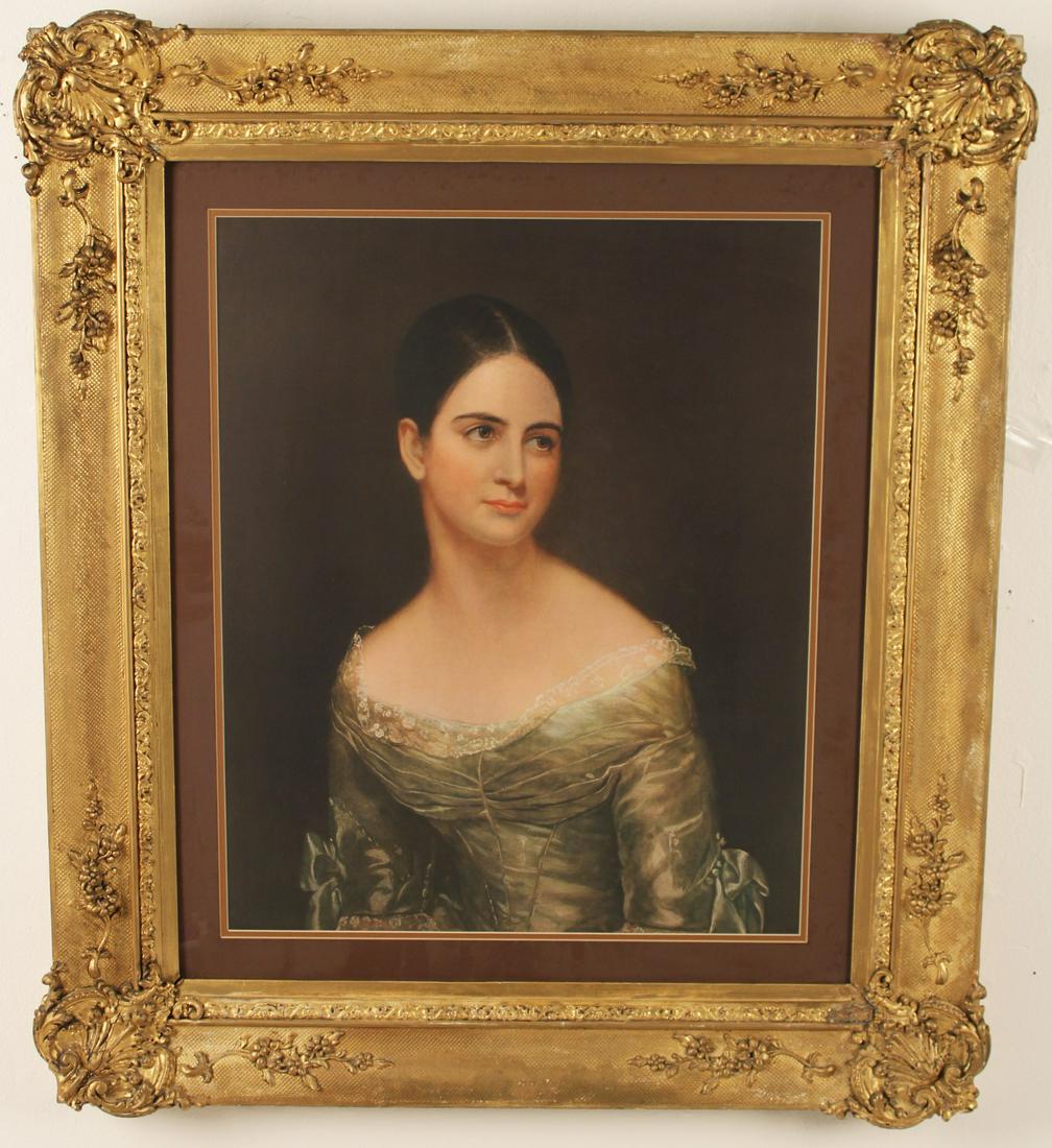 GILTWOOD FRAMED PORTRAIT AFTER THOMAS SULLY: PORTRAIT OF MISS PEARCE AFTER THOMAS SULLY (AMERICAN, 1783-1872) GICLEE ON BOARD, MATTED IN ANTIQUE CARVED GILTWOOD FRAME; 39"H X 34"W