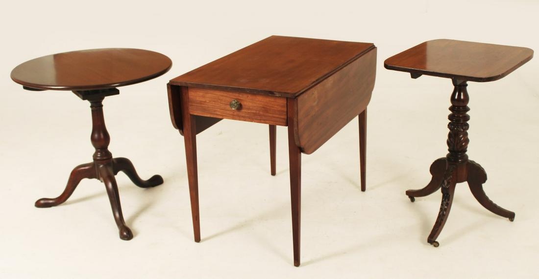 3 PC. LOT OF ESTATE ANTIQUE FURNISHINGS: 3 PIECE MISC. LOT OF 19TH C. ESTATE ANTIQUE FURNISHINGS CONSISTING OF AMERICAN TOBACCO LEAF WITH ANCANTHUS CARVED TRIPOD TABLE, ENGLISH SHERATON MAHOGANY SHAPED DROP LEAF PEMBROKE TABLE; ALONG WITH GE