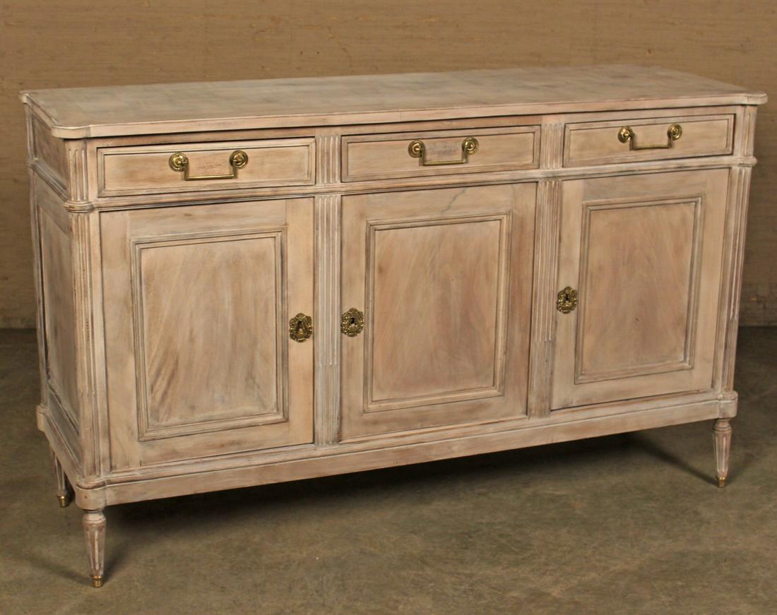 LOUIS XVI STYLE PICKLE FINISHED BUFFET: LOUIS XVI STYLE PICKLE FINISHED BUFFET HAVING WOODED TOP OVER 3 DRAWERS AND 3 INVERTED PANEL DOORS SUPORTED BY FLUTED OCLUMNS RESTING ON SIMILAR TREATED TAPERD LEGS, LATE 19TH C; 39"H X 64"W X 20"D