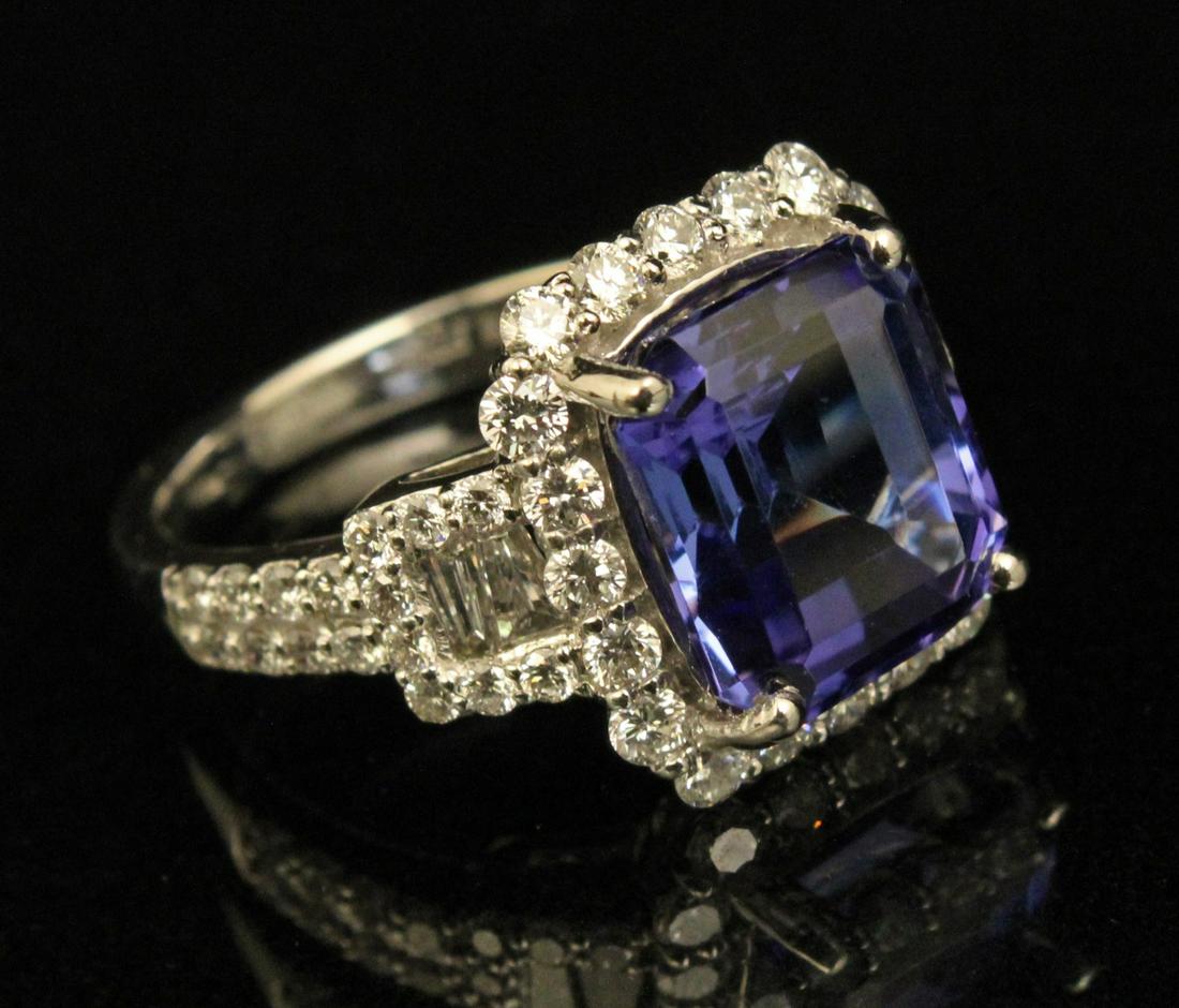 PLATINUM TANZANITE AND DIAMOND LADY'S RING: PLATINUM TANZANITE AND DIAMOND LADY'S RING HAVING RECTANGULAR CUT CORNERED TANZANITE MEASURING 10.4 X 9.4 X 6.7MM AND WEIGHING 5.58 CT; SURROUNDED BY 56 DIAMONDS BAQUETTE/ROUND WEIGHING 1.30 CTW, COLO