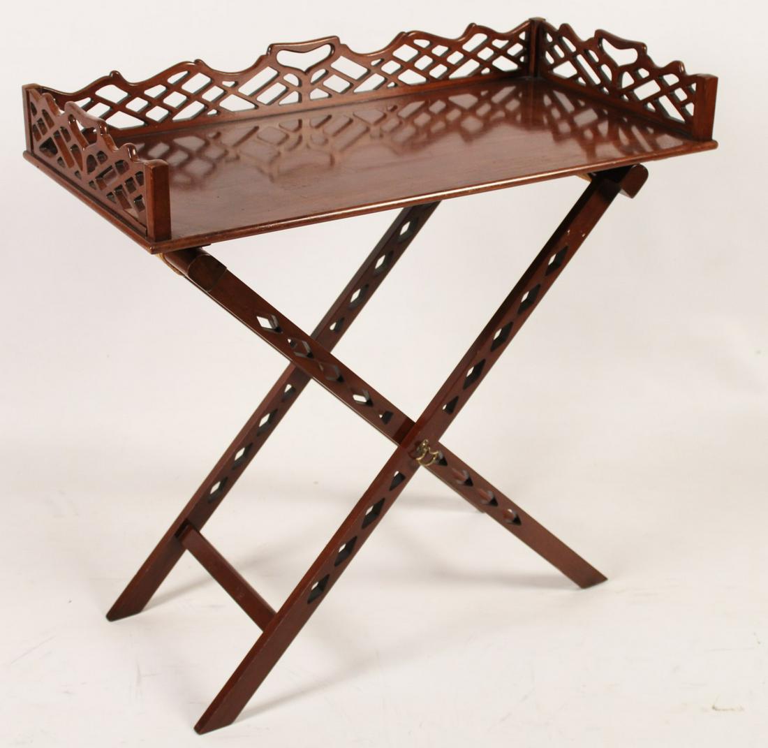 ENGLISH GEORGIAN STYLE MAHOGANY TRAY ON STAND: ENGLISH GEORGIAN STYLE MAHOGANY RETICULATED TRAY ON STAND; 32"H X 33"W X 17"D