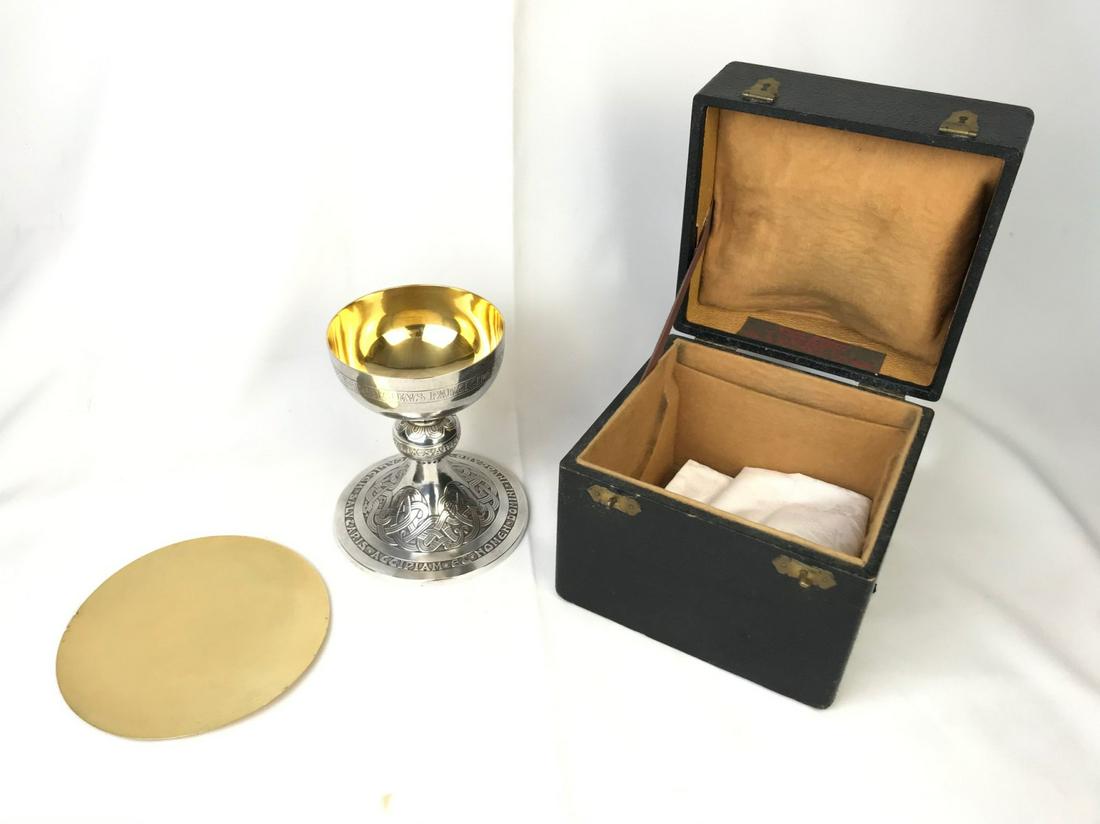 BOXED VERMEIL LINED SILVER CHASED CHALICE AND TRAY: BOXED VERMEIL LINED SILVER CHASED CHALICE AND ROUND TRAY; 6.5"HCondition:This item has not been tested for silver purity