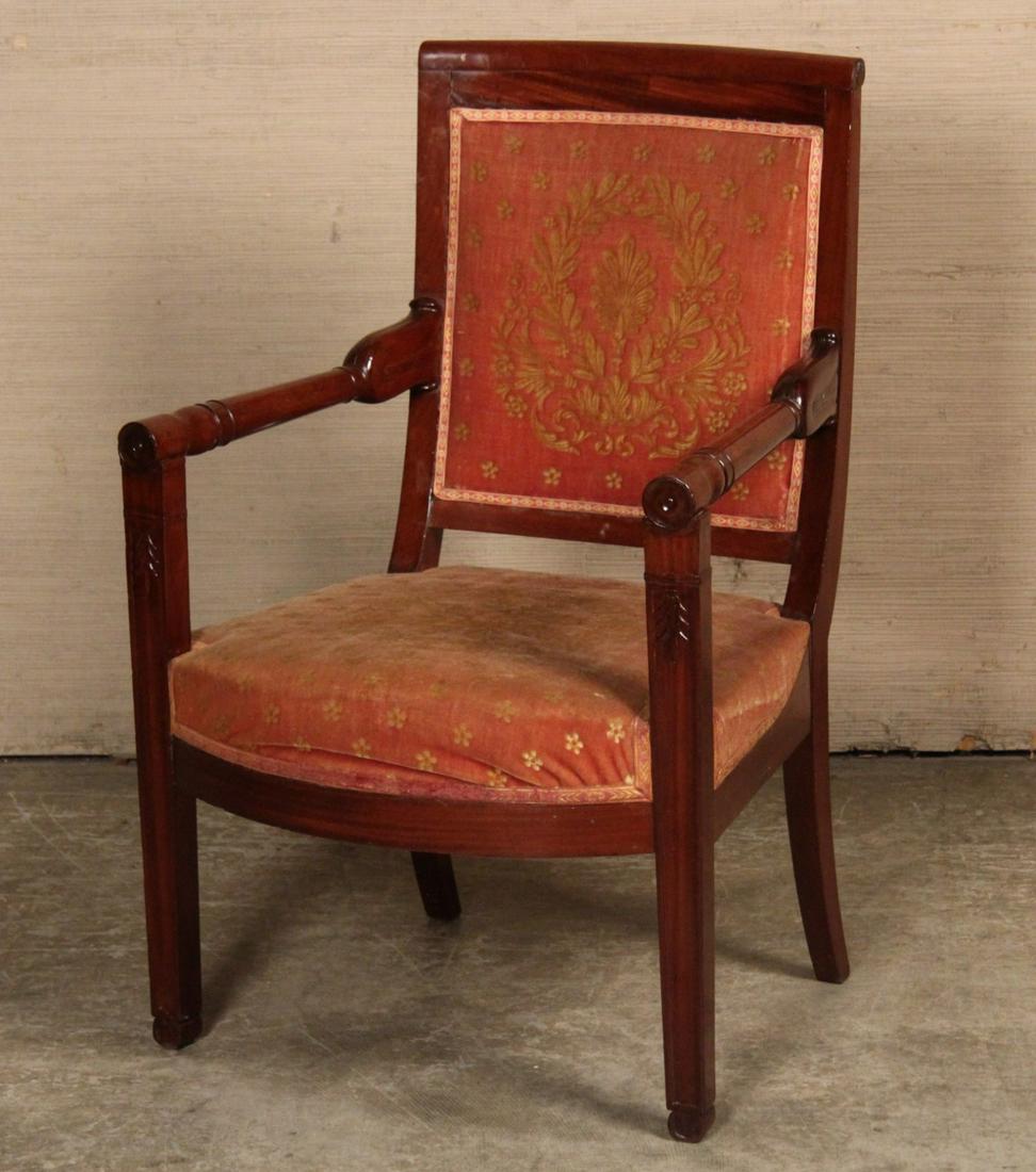 FRENCH DIRECTOIRE STYLE MAHOGANY FAUTEUIL: FRENCH DIRECTOIRE STYLE MAHOGANY FAUTEUIL, LATE 19TH/20TH C.; 37"H X 25"W X 20"D
