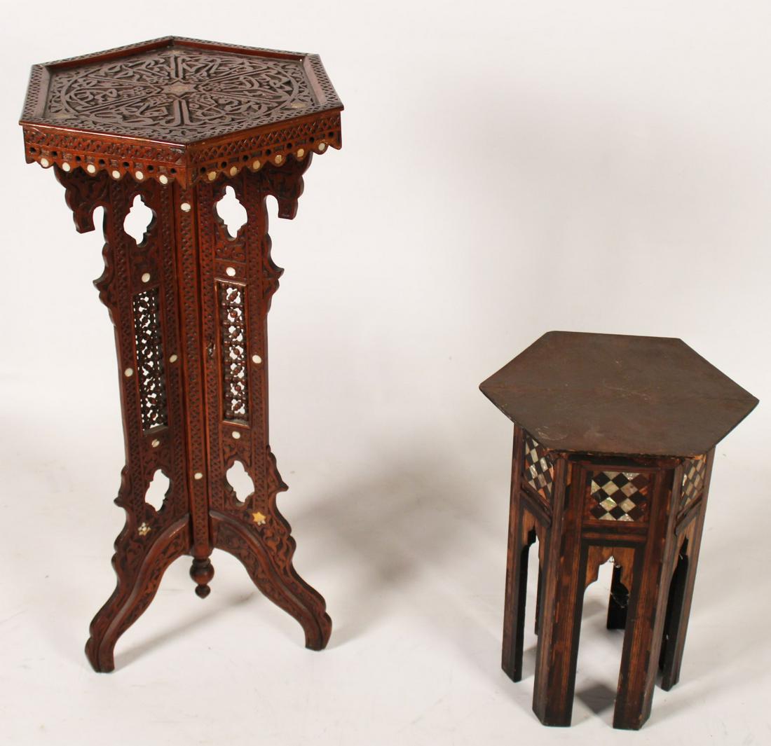 2 ANTIQUE MOROCCAN OPEN CARVED PEDESTALS: 2 ANTIQUE MOROCCAN OPEN CARVED EXOTIC WOOD PEDESTALS WITH HEXAGON TOPS; 36"H X 16"W LARGEST