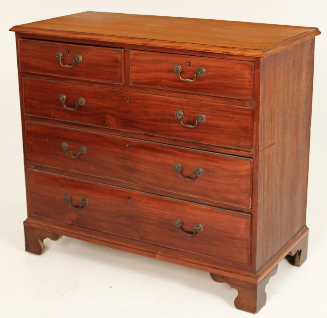 GEORGE III MAHOGANY CHEST: GEORGE III MAHOGANY CHEST HAVING OGEE MOLDED EDGE TOP OVER 2 SMALLER, THEN 3 ELONGATED GRADUATING DRAWERS RESTING ON BRACKET FEET; 38.5"H X 43"W X 20.5"