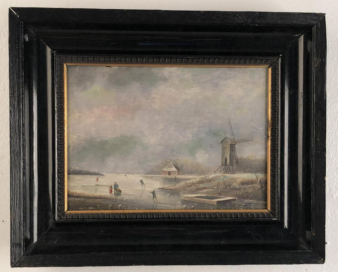EARLY DUTCH OIL ON PANEL WINTER SCENE PAINTING (1 of 3)