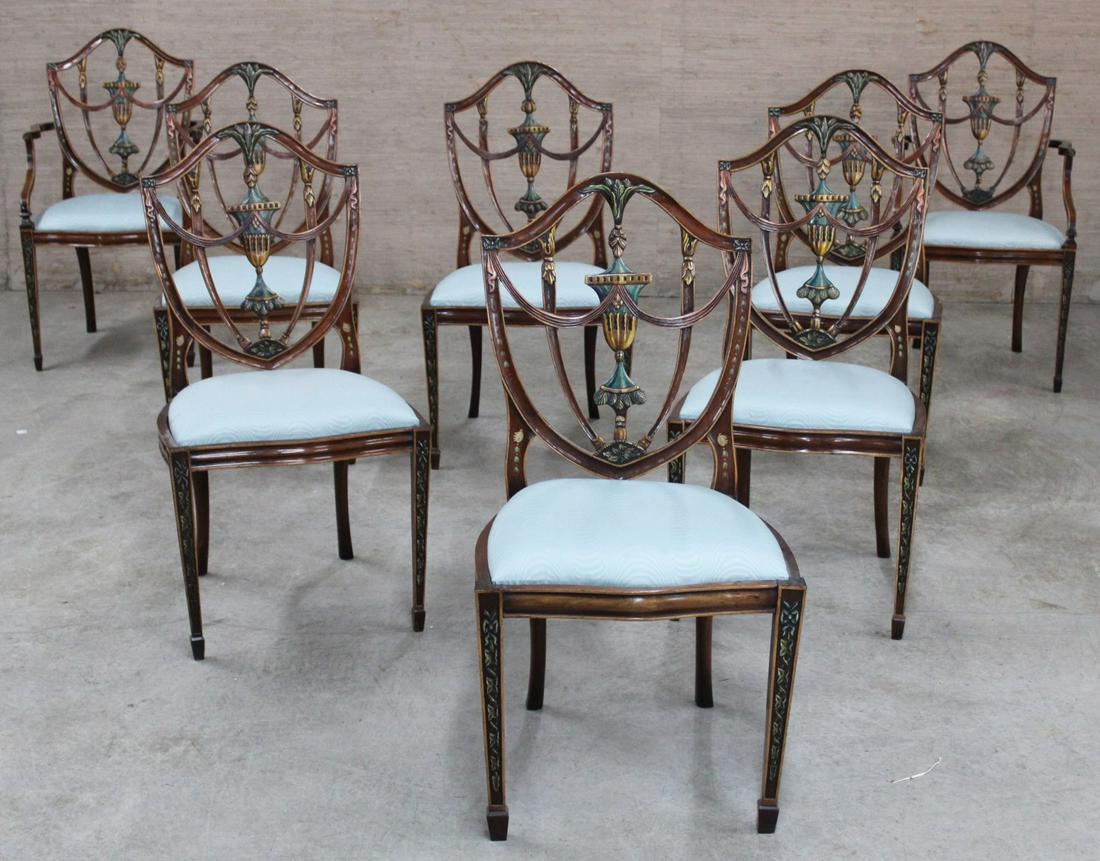 SET OF 8 POLYCHROME  SHIELD BACK CHAIRS (1 of 3)