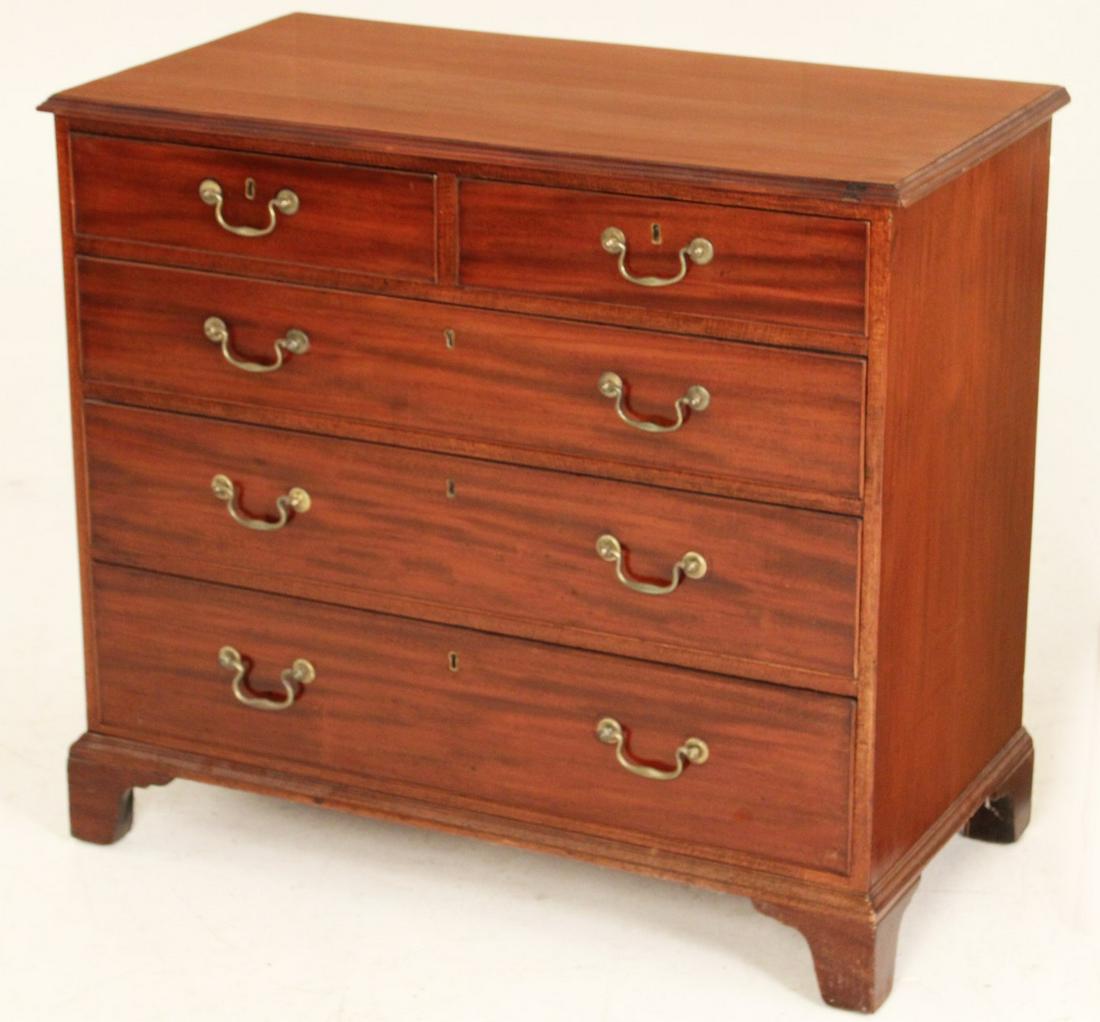GEORGE III MAHOGANY CHEST W/ ORIGINAL BELL HANDLES: GEORGE III MAHOGANY CHEST HAVING OGEE MOLDED EDGE TOP OVER TWO SHORT DRAWERS, THEN THREE ELONGATED DRAWERS RESTING ON BRACKET FEET, ATTAINING ORIGINAL BELL HANDLES; 34"H X 39"W X 20"D; CONDITION: TIGH
