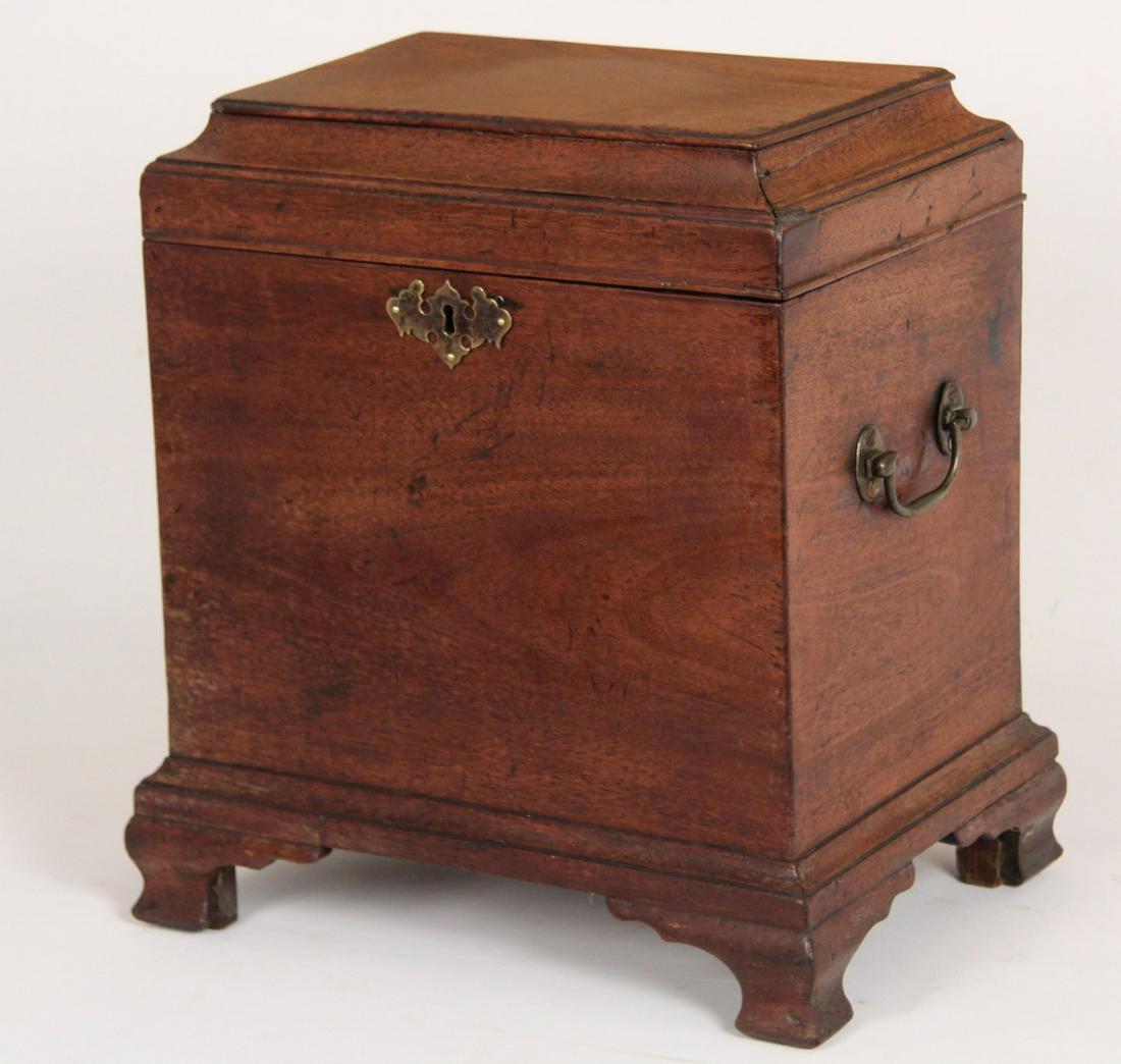 GEORGE III MAHOGANY FITTED WINE CELLARETTE: GEORGE III MAHOGANY FITTED WINE CELLARETTE ON OGEE BRACKET FEET WITH GOOD FADED PATINA; 16"H X 14.5"W X 9.5"D