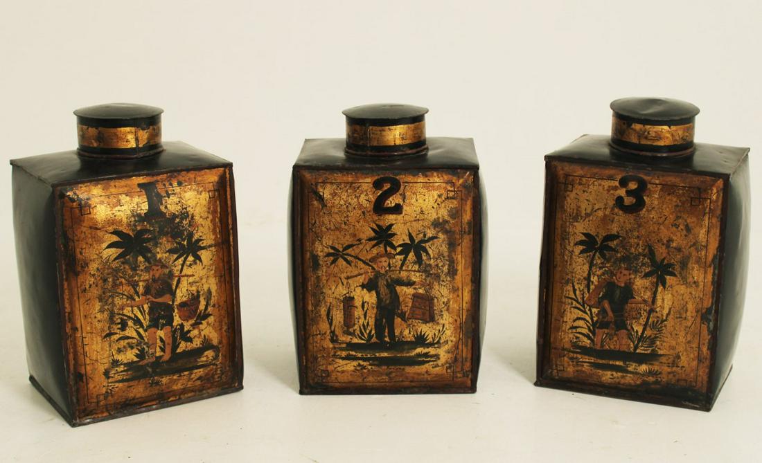 LOT OF 3 ORIENTAL BLACK LACQUERED TOLE TEA CANS (1 of 2)