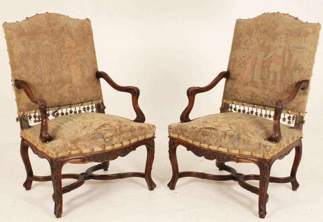 PR. OF FRENCH PROVINCIAL CARVED WALNUT FAUTEUILS (1 of 6)