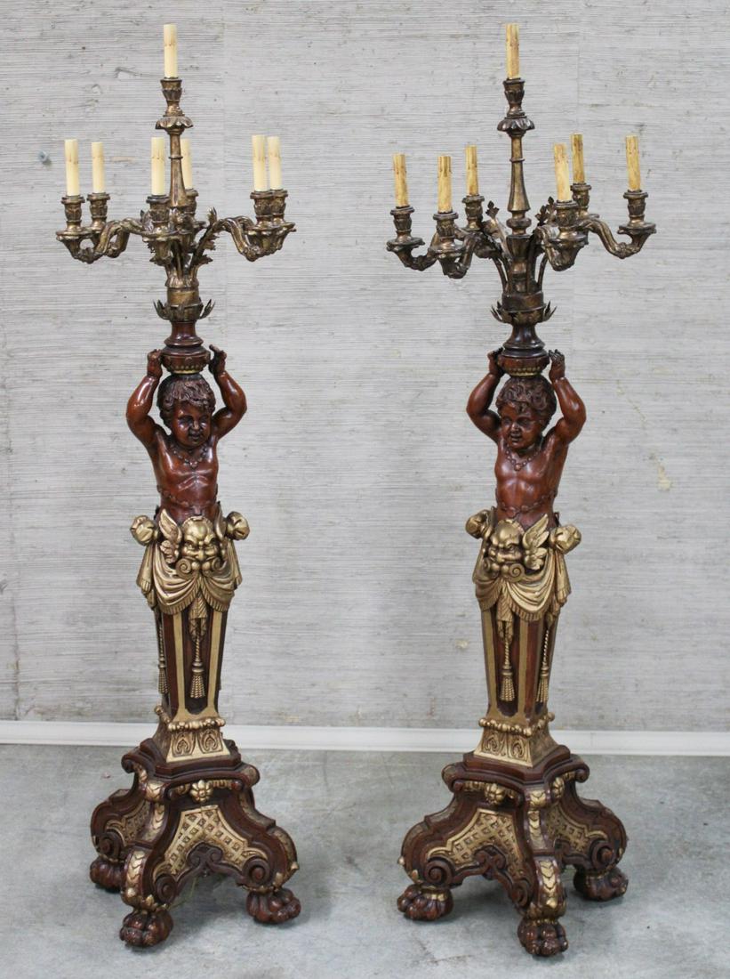 PR. OF FIGURAL CARVED WOOD 7 LIGHT TORCHIERES (1 of 2)