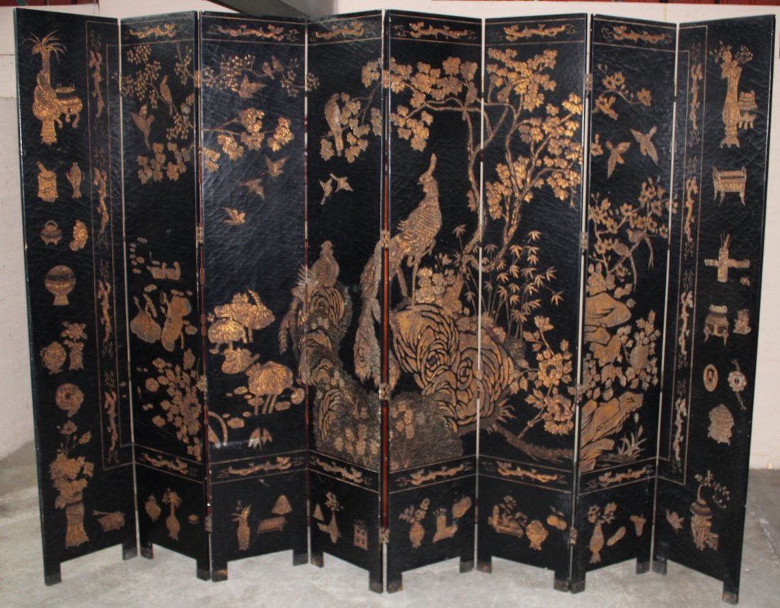 PALACIAL 9 FT CHINESE BLACK LACQUERED 8 PANEL SCREEN (1 of 3)