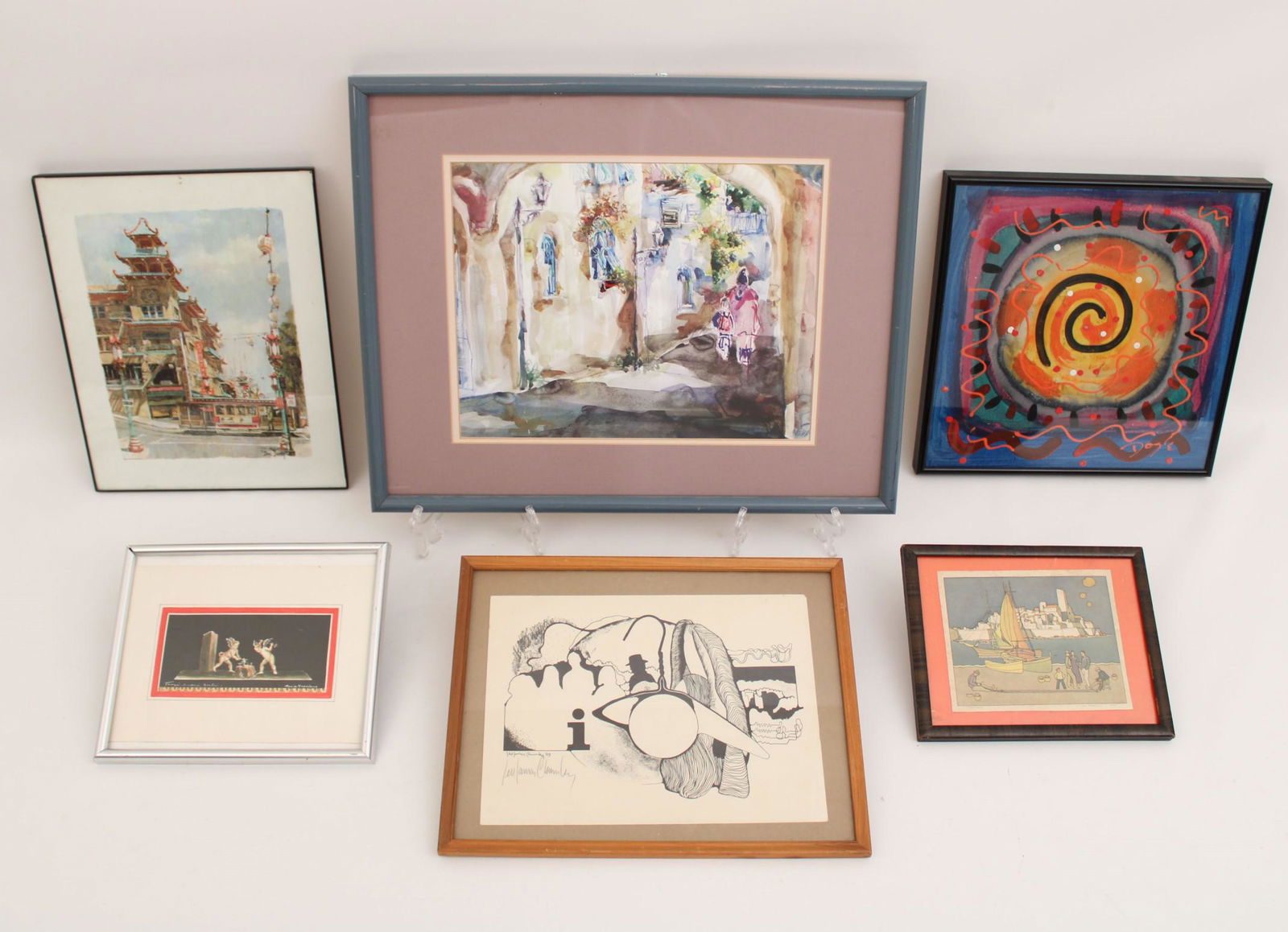 6 PC. MISC. LOT OF ART: 6 PIECE MISC. LOT OF ART INCLUDING POMPEIAN ANGEL GOLDSMITHS DRAWING SIGNED LOWER RIGHT; ORIENTALIST WATERCOLOR; CHINA TOWN PRINT BY DON DAVEY; COLORED ETCHING OF ANTIBES BY MILLARD SHEETS; PENCILED S